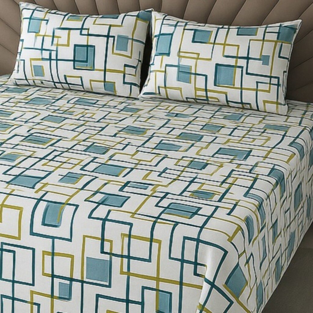 White & Green  Color Geometric 350 TC Cotton Flat Super King Bed Size Bedsheet With 2 Pilllow Covers  Threads
