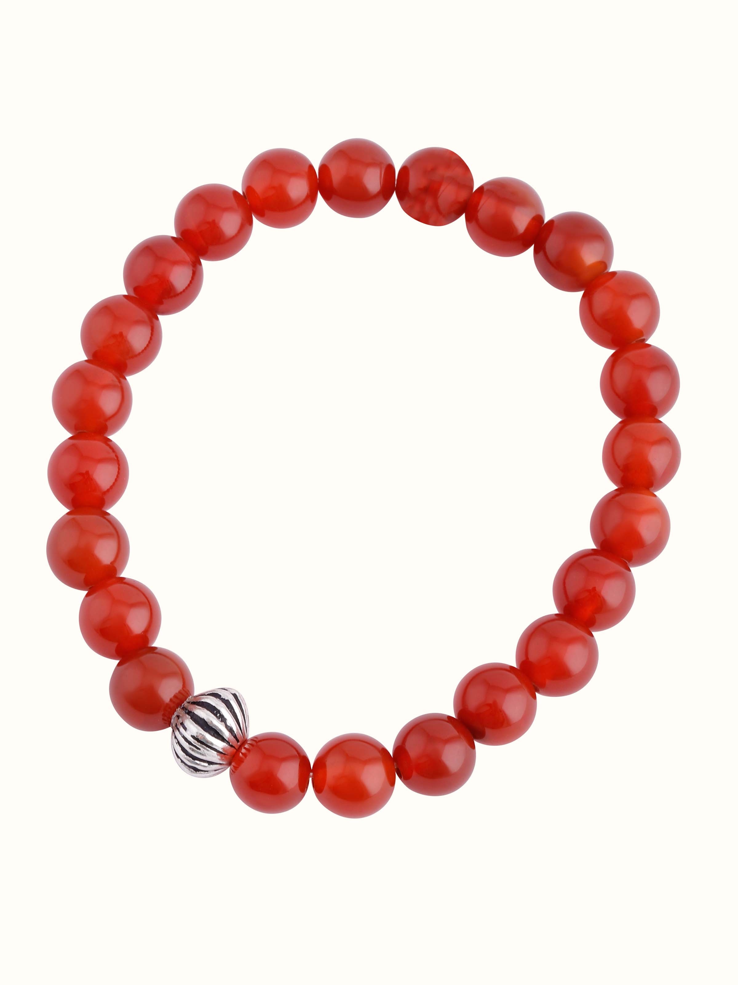 Front view of Carnelian Silver Bracelet highlighting the deep orange gemstone beads set in polished silver