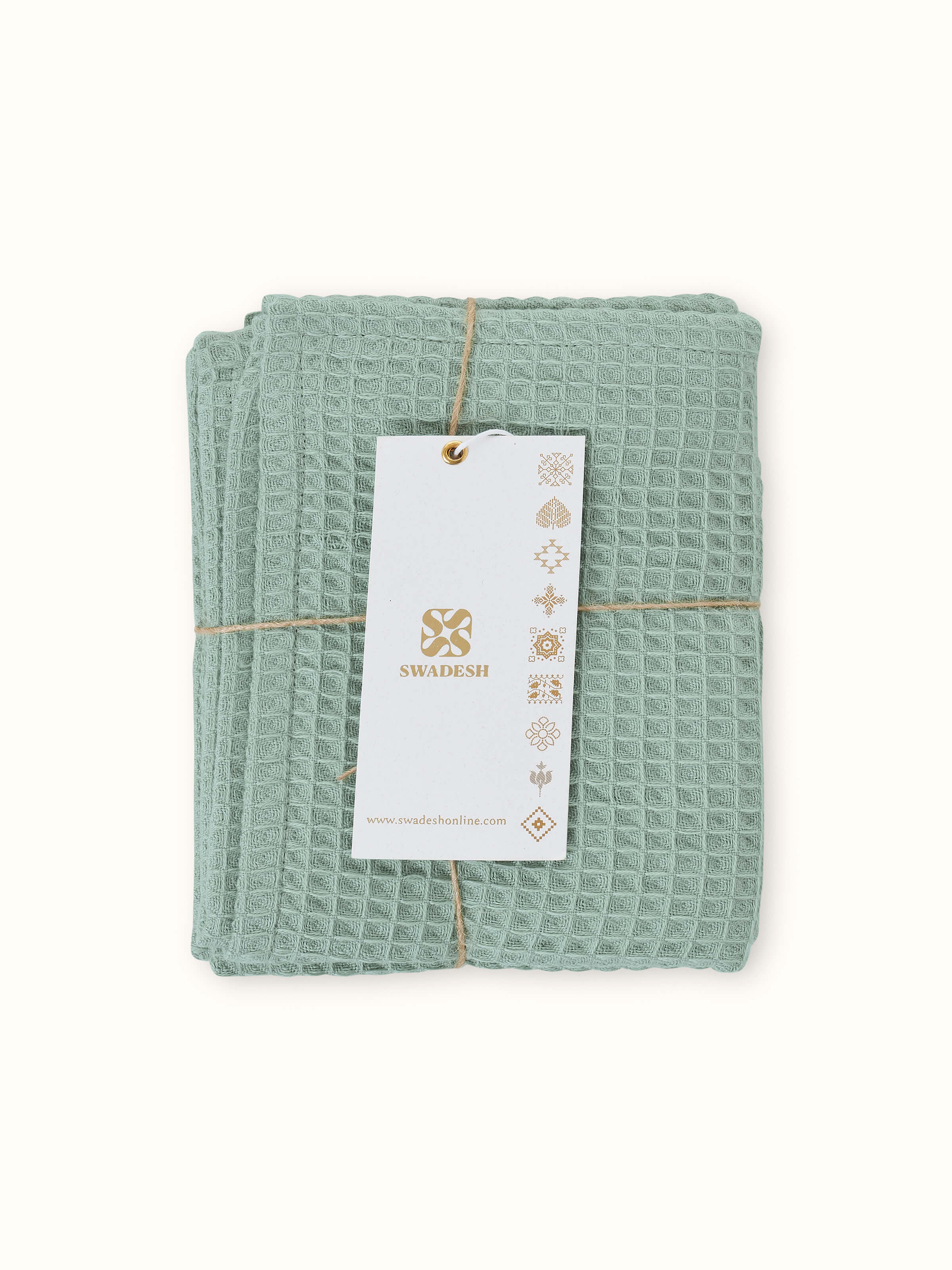 Absorbent cotton weave detail of Amala green waffle hand towel