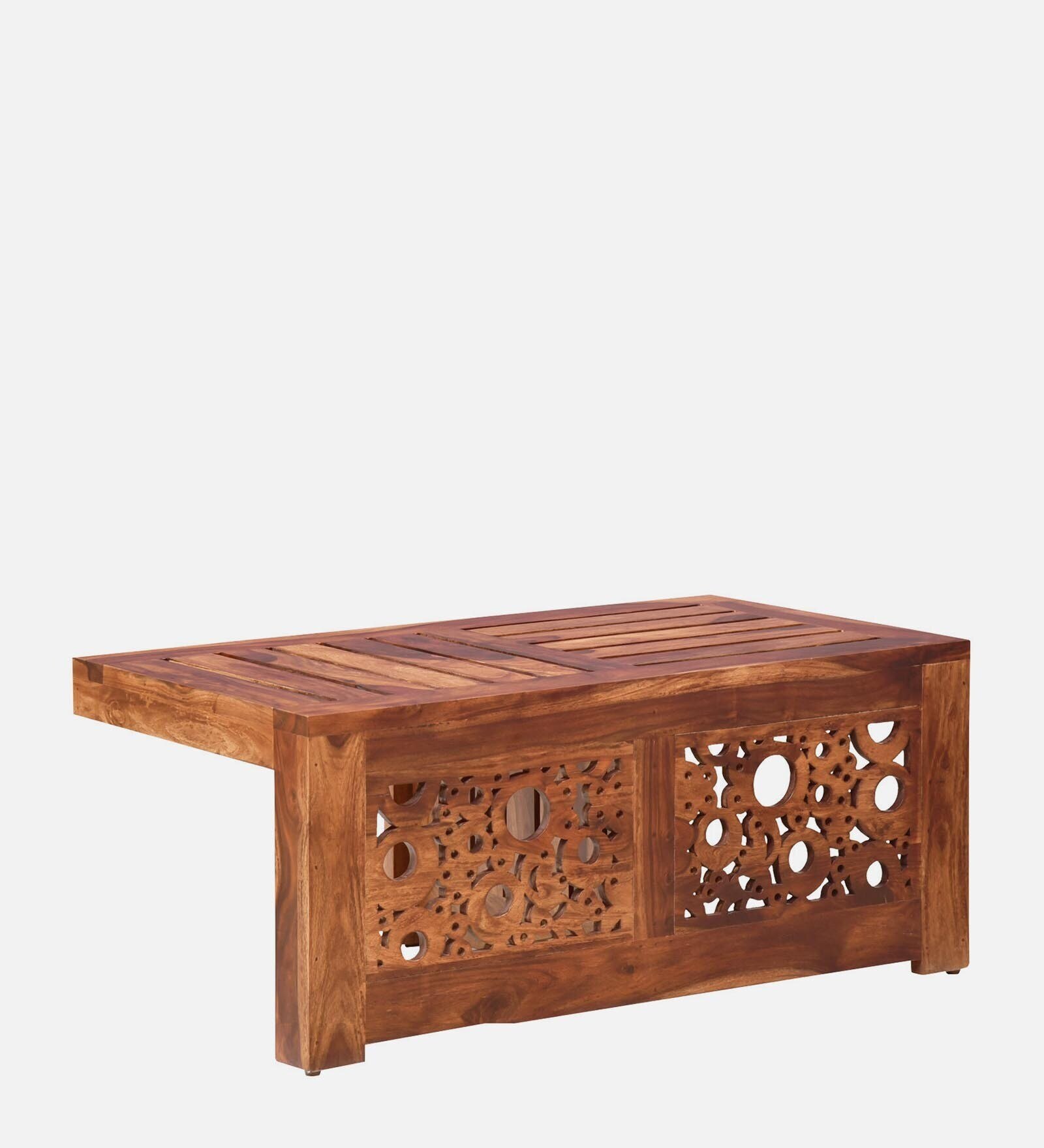 Lifty Sheesham Wood Nesting Coffee Table Set in Rustic  Teak Finish With Cushioned Stools