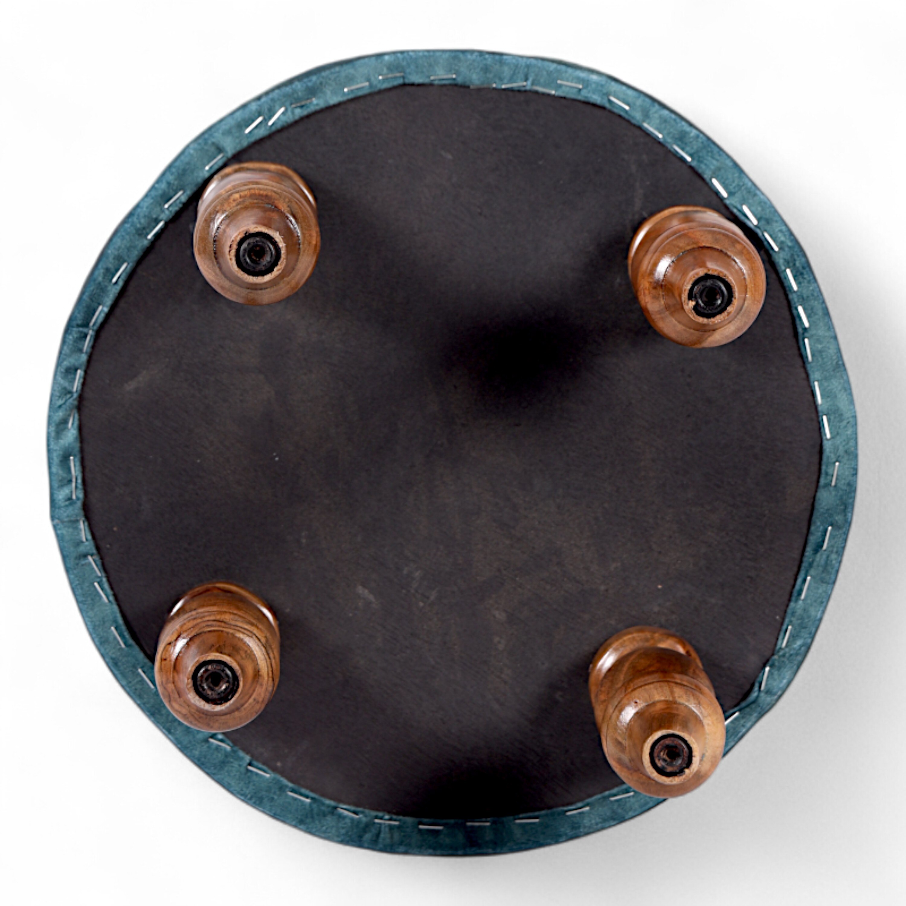 Roswell Sheesham Wood   Round Set of 2 Stools in Blue Jacquard Work Fabric Upholstery