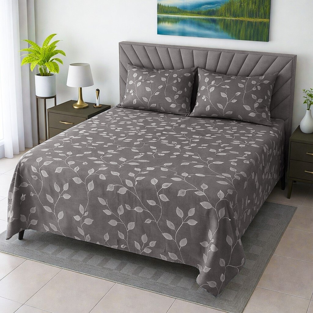 Odin Grey Floral 400 TC Cotton Flat Super King Size Bedsheet with 2 Pillow Covers – Threads - Threads