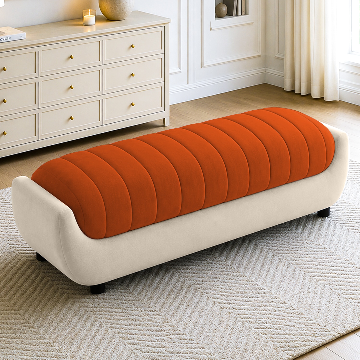 Marko Velvet 2 Seater 4 Feet Ottoman Bench in Orange & Cream  Color - Home Lifestylez