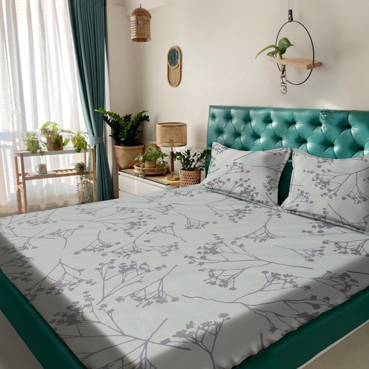 Purple Floral 180 TC Fitted 1 King  Bedsheet with 2 Pillow Covers