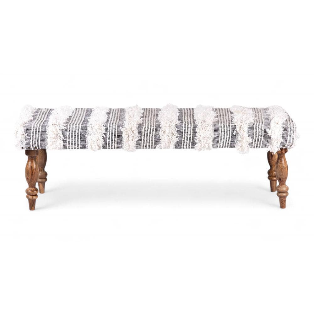 Cairo Sheesham Wood Accent Seater Bench Set With 2 Stools In Grey Fabric