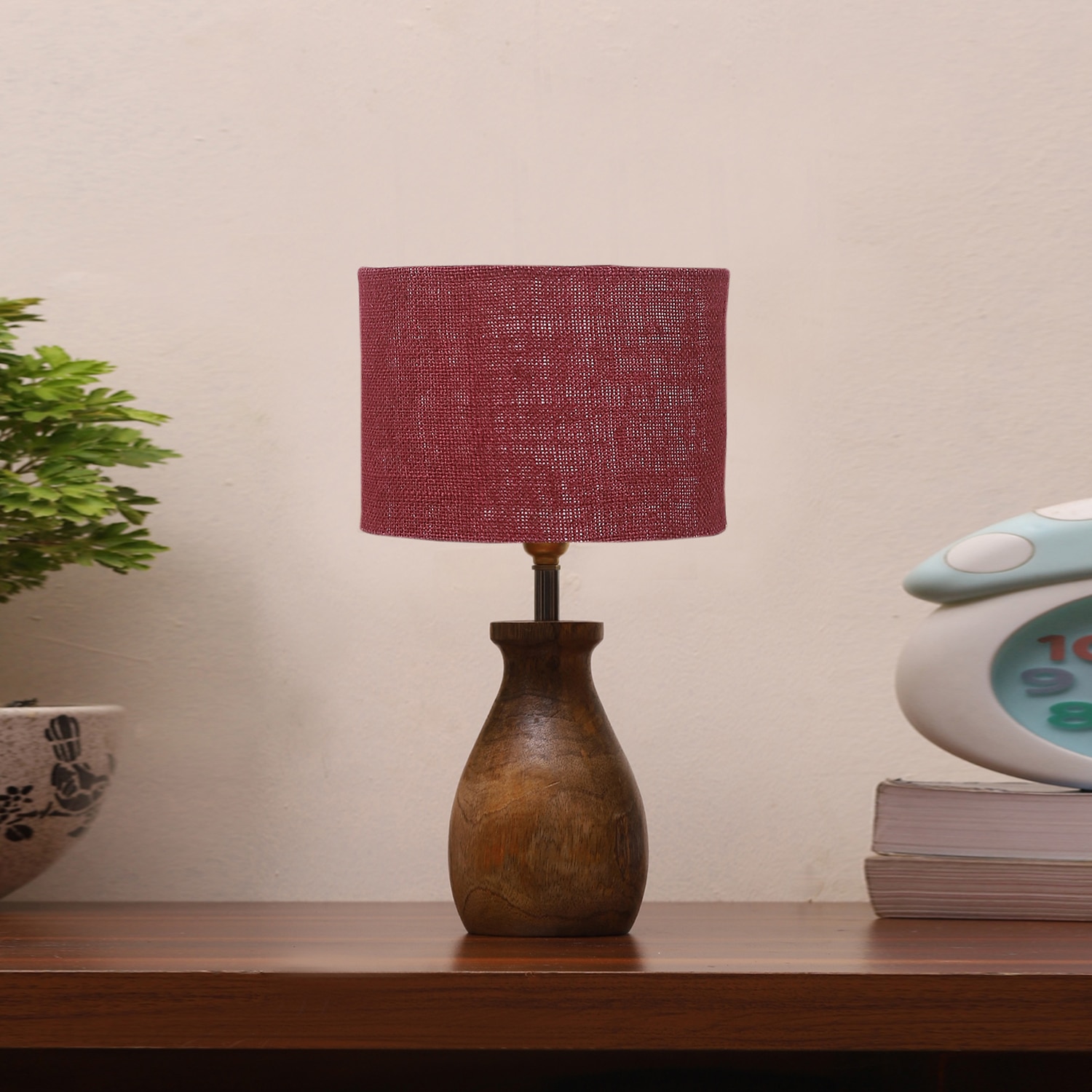 Devansh Maroon Jute Table Lamp With G Wood Natural Base -(7X13 Inches)-12 - Devansh