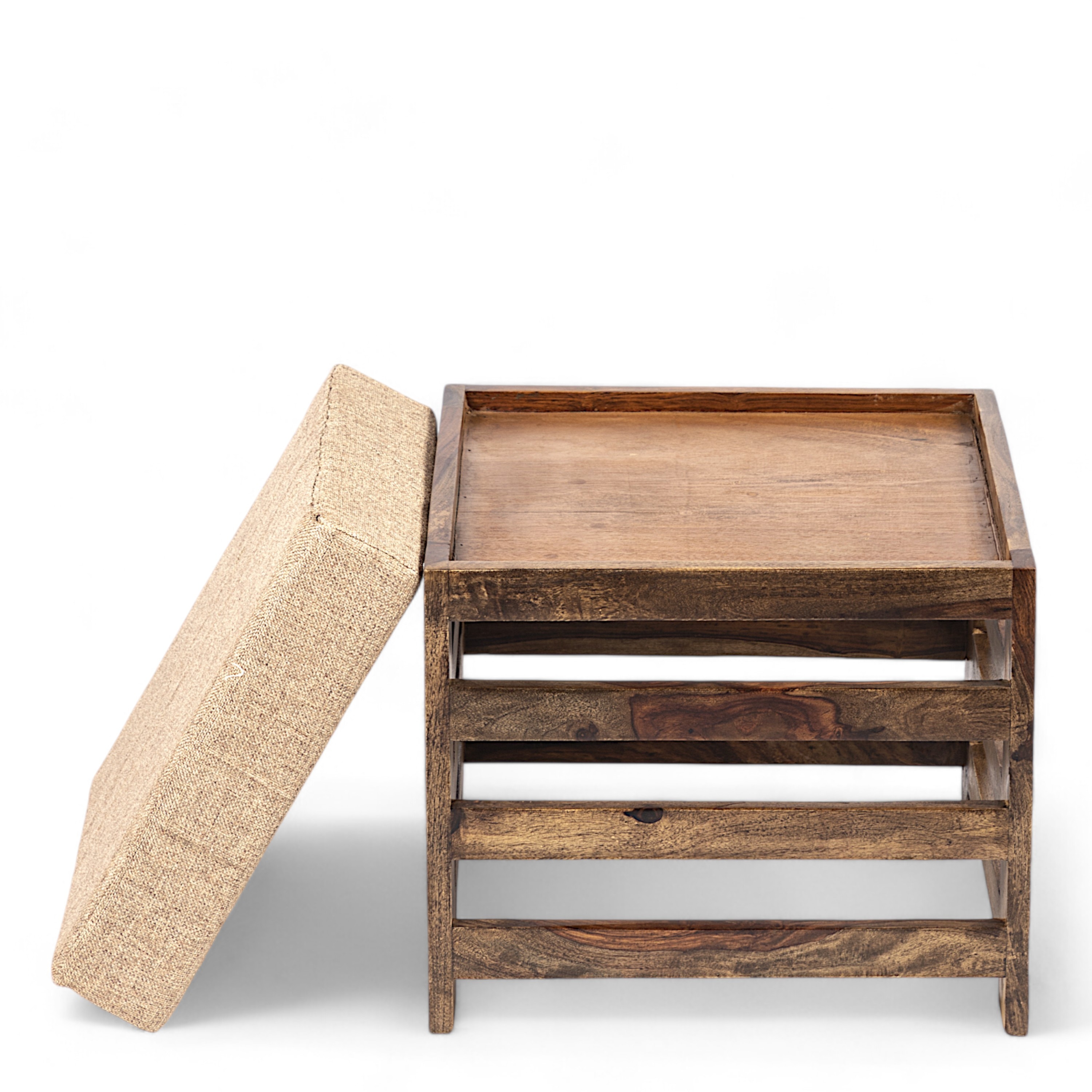 Houston Sheesham Wood Contemporary Set of 2 Stools in Jute Beige, Teak Finish