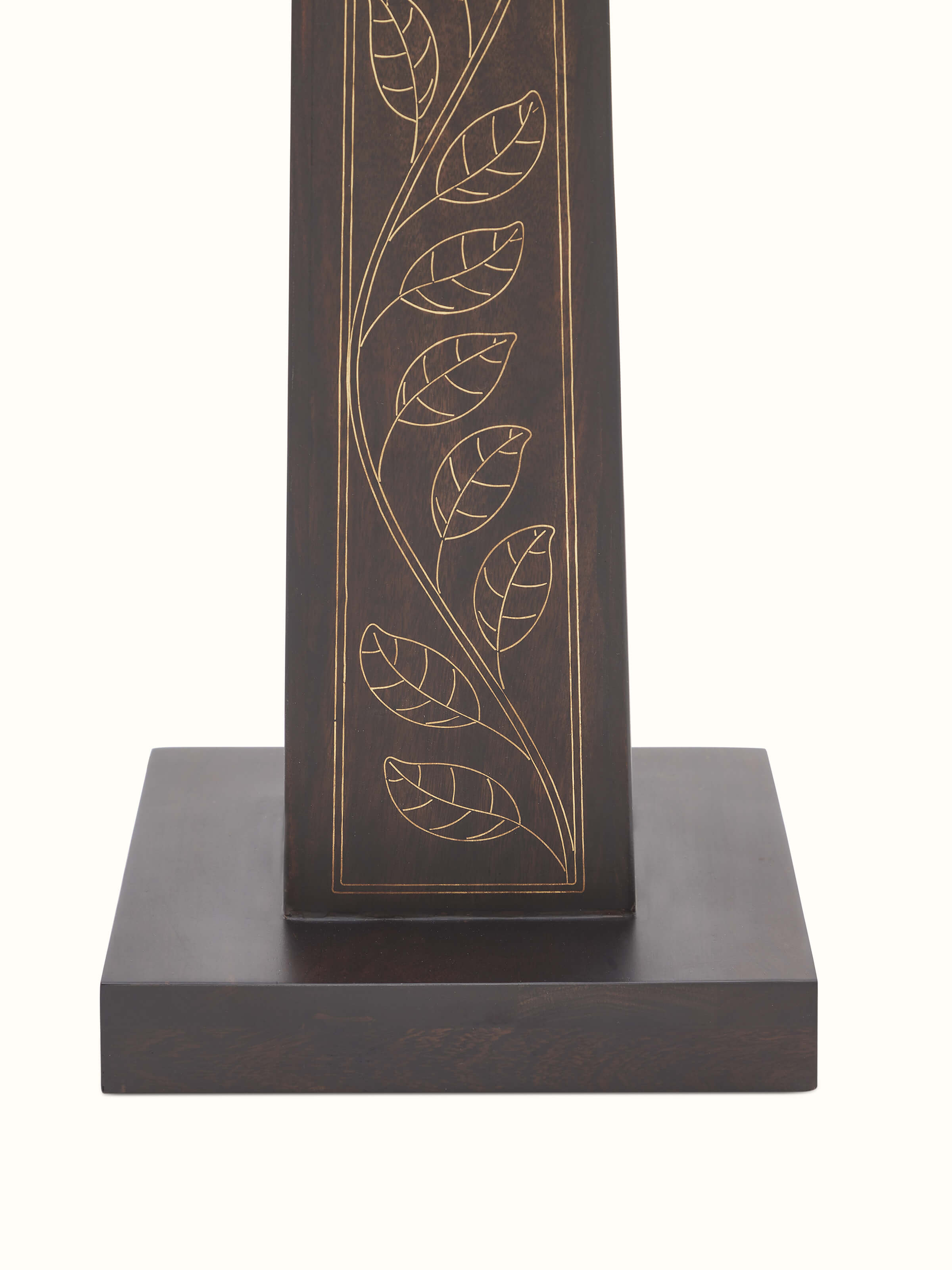 Full view of Tarkashi Sheesham Wood & Brass LED Floor Lamp, showcasing its overall design and lighting effect