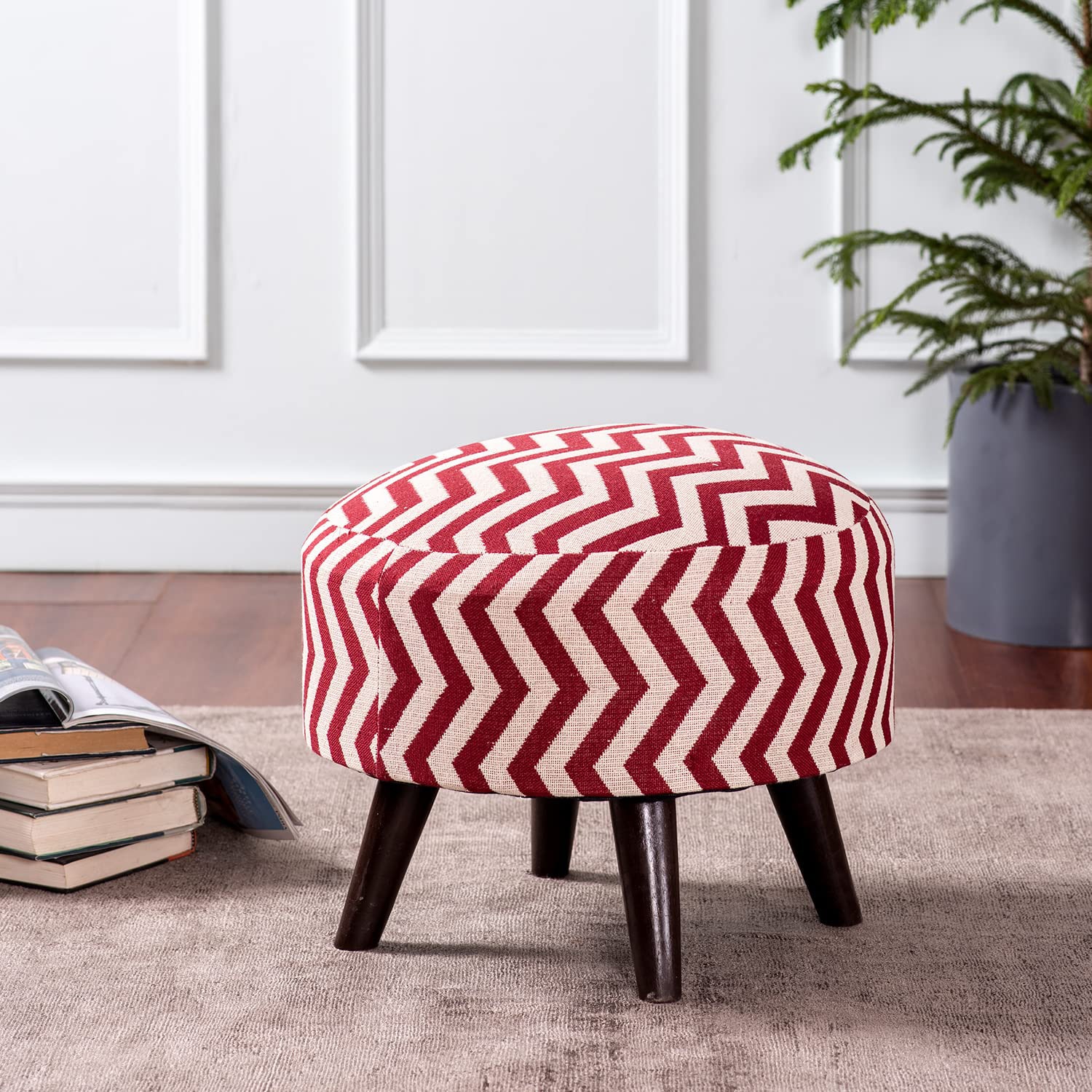 Hues Jacquard Wooden Ottoman in Red Color - Nestroots