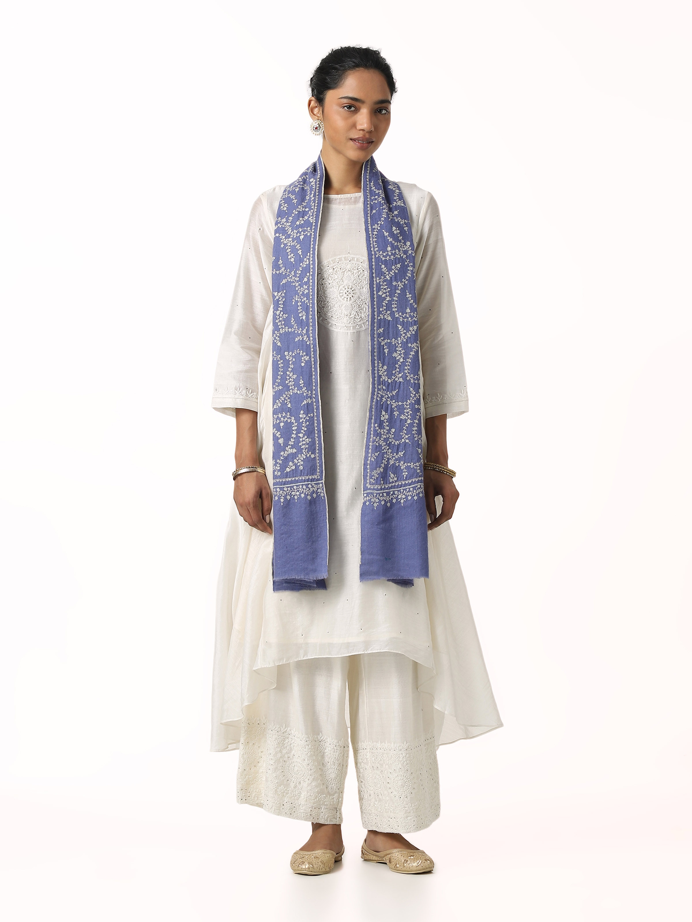 Front view of black jalidar sozni embroidered stole showcasing intricate embroidery