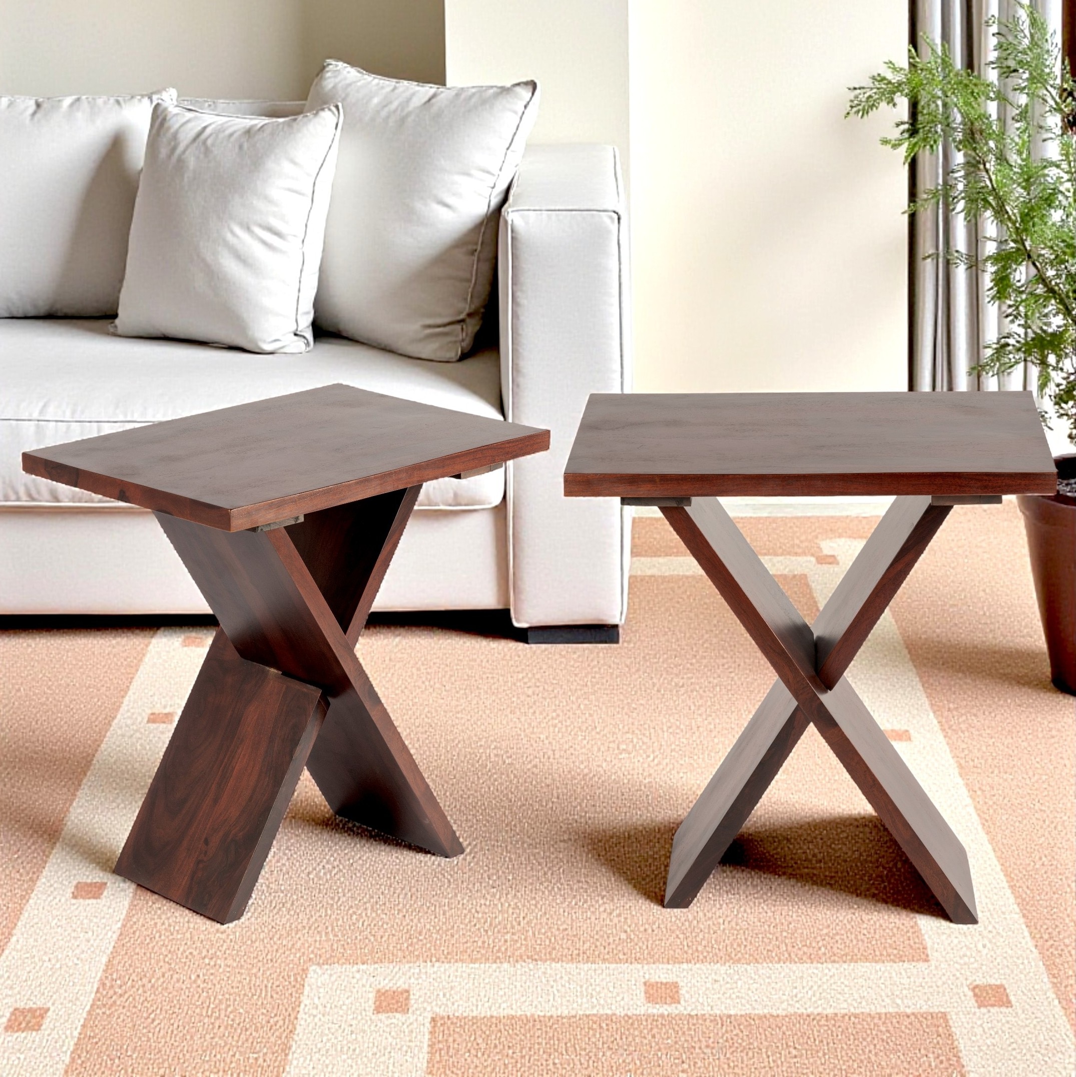 Darcy Sheesham Wood Contemporary Rectangle Set Of 2 Tea Table Side Tables In Dark Walnut Finish
