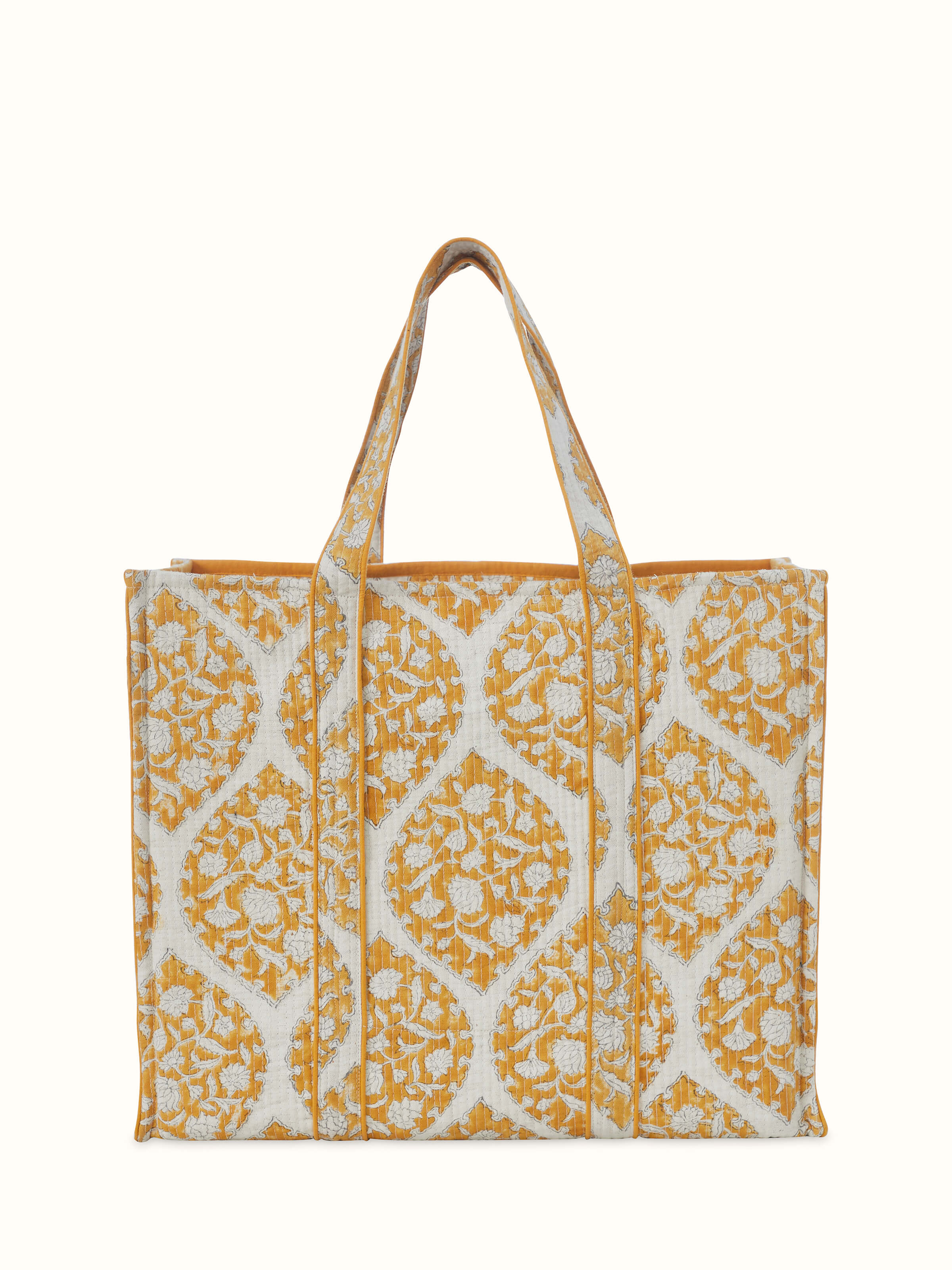 Yellow Handblock Printed Quilted Tote Bag