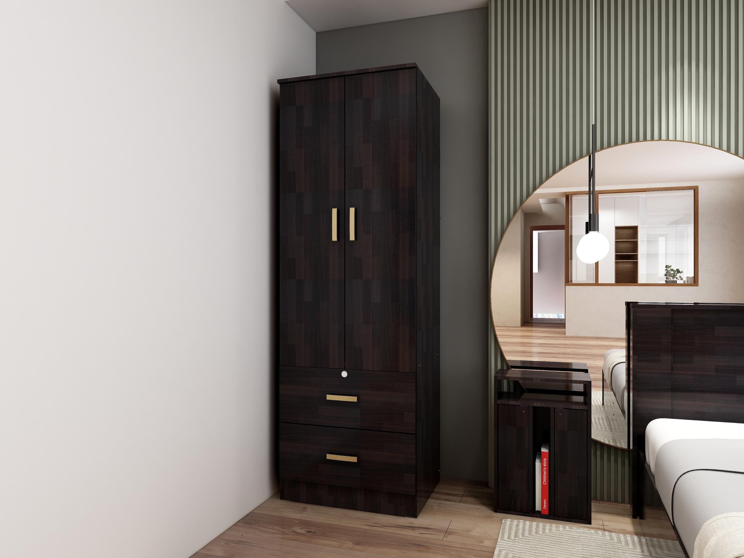 Ren Classic Bedroom Set – Queen Bed, 2-Door Wardrobe & Bedside Table in Wenge Finish – Engineered Wood