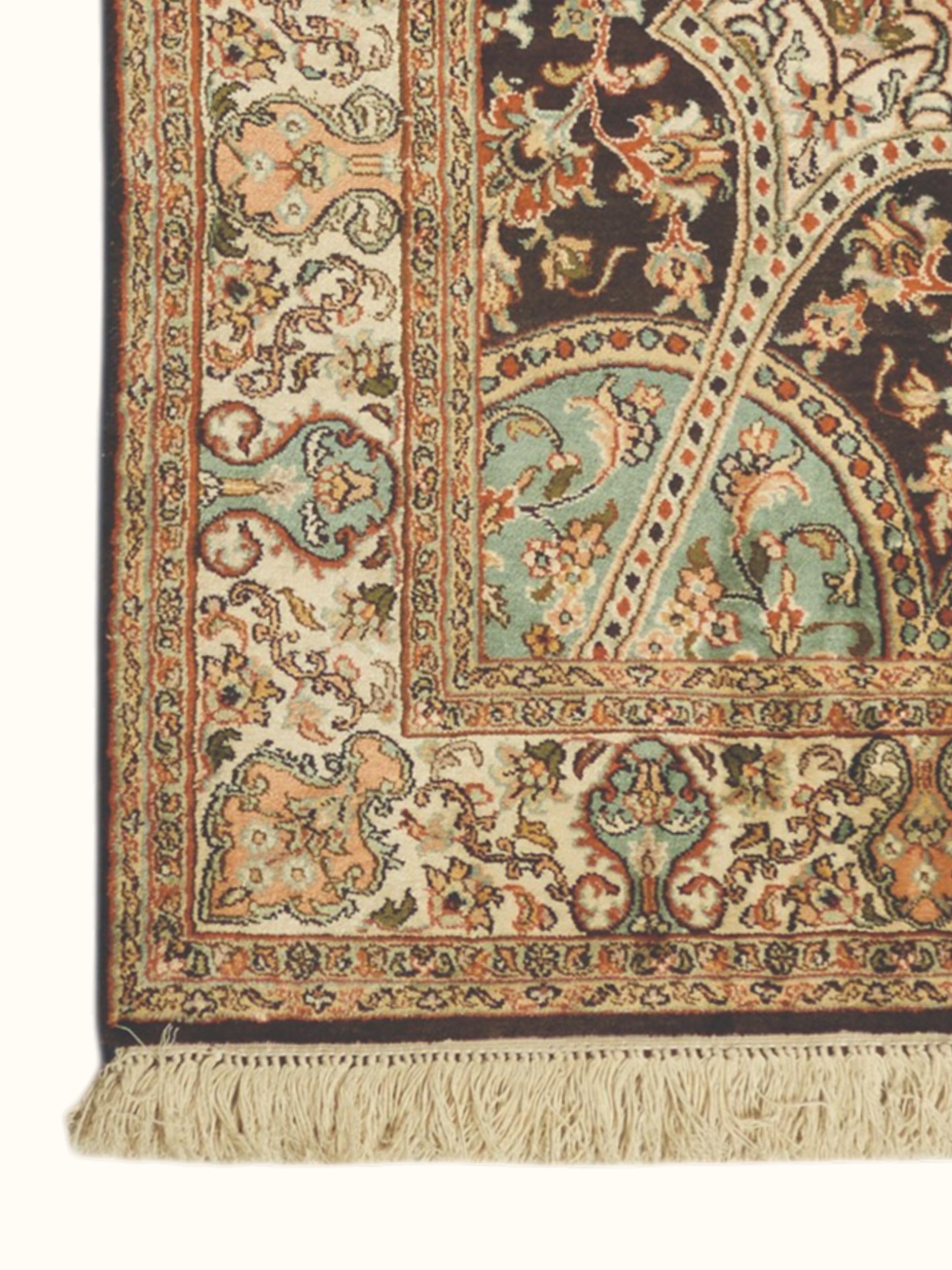Traditional Persian Rust Sage Medallion Kashmir Silk Hand-Knotted Carpet