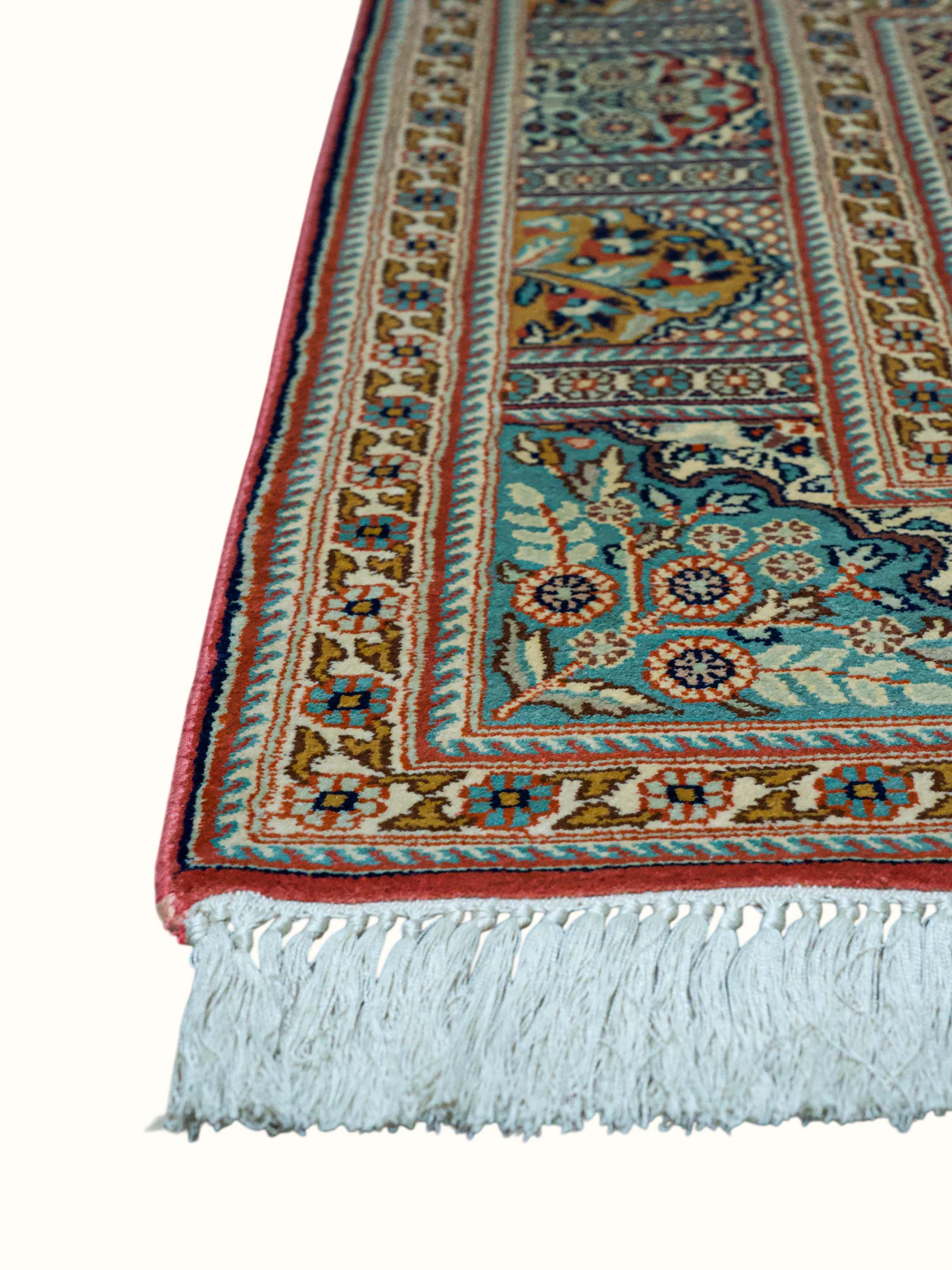 Traditional Persian Rust Ivory Hamadan Kashmir Silk Hand-Knotted Carpet
