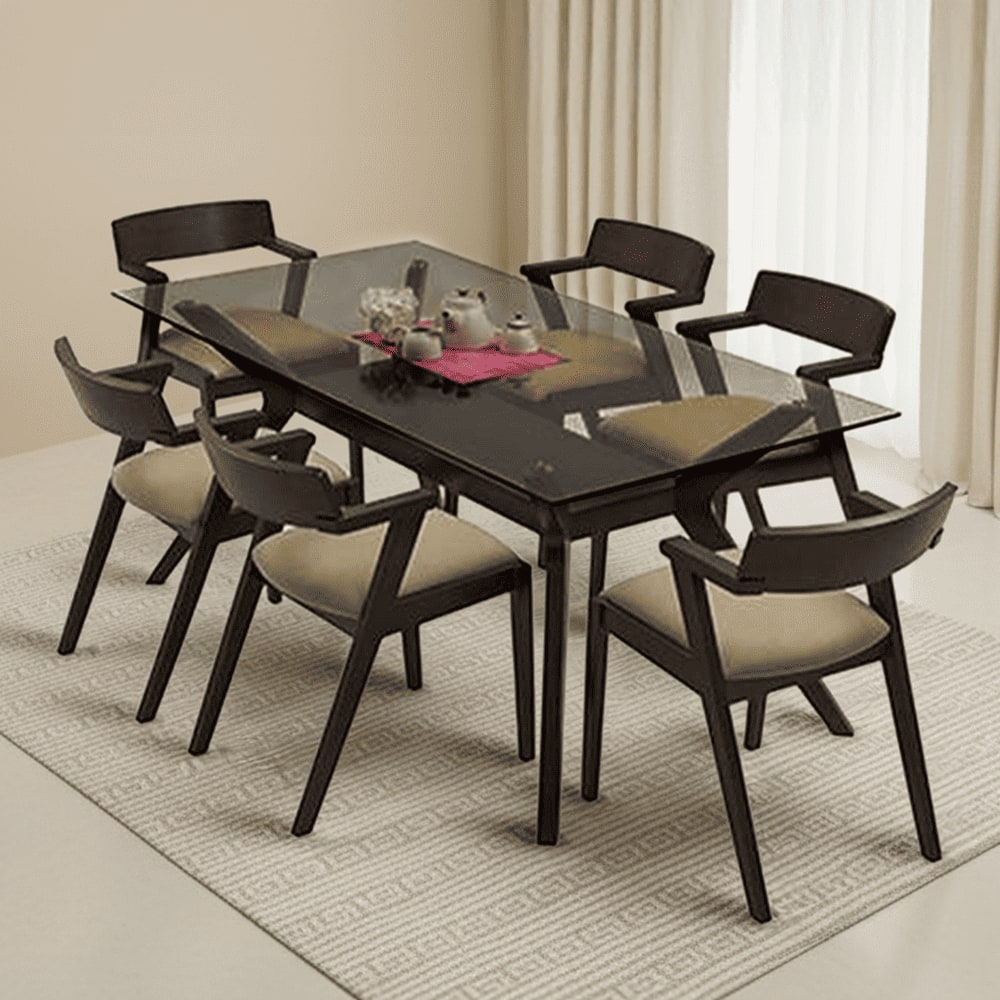 Wesley - Thomson 6 Seater Dining Table Set (Colour- Beige, Finish- Dark Walnut)