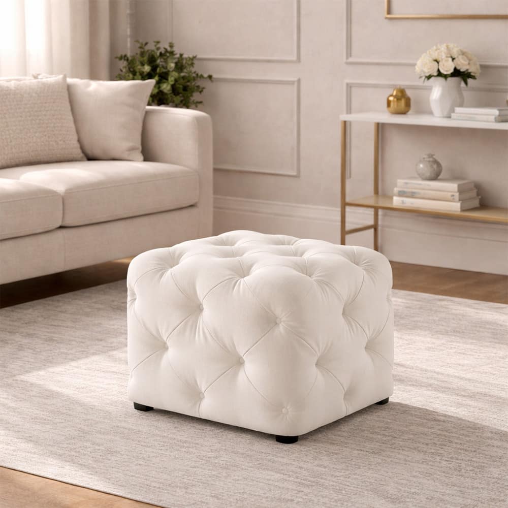 Doe Buck Colchester Velvet Tufted Ottoman Cube in Off White Colour with Wooden Base - Doe Buck