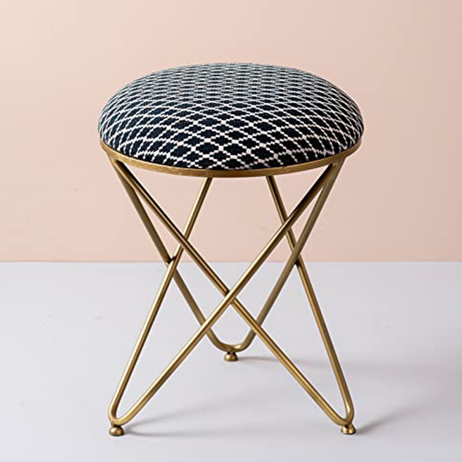 Quad Fabric Cross Metallic Stool in Blue Color Set of 2 - Nestroots