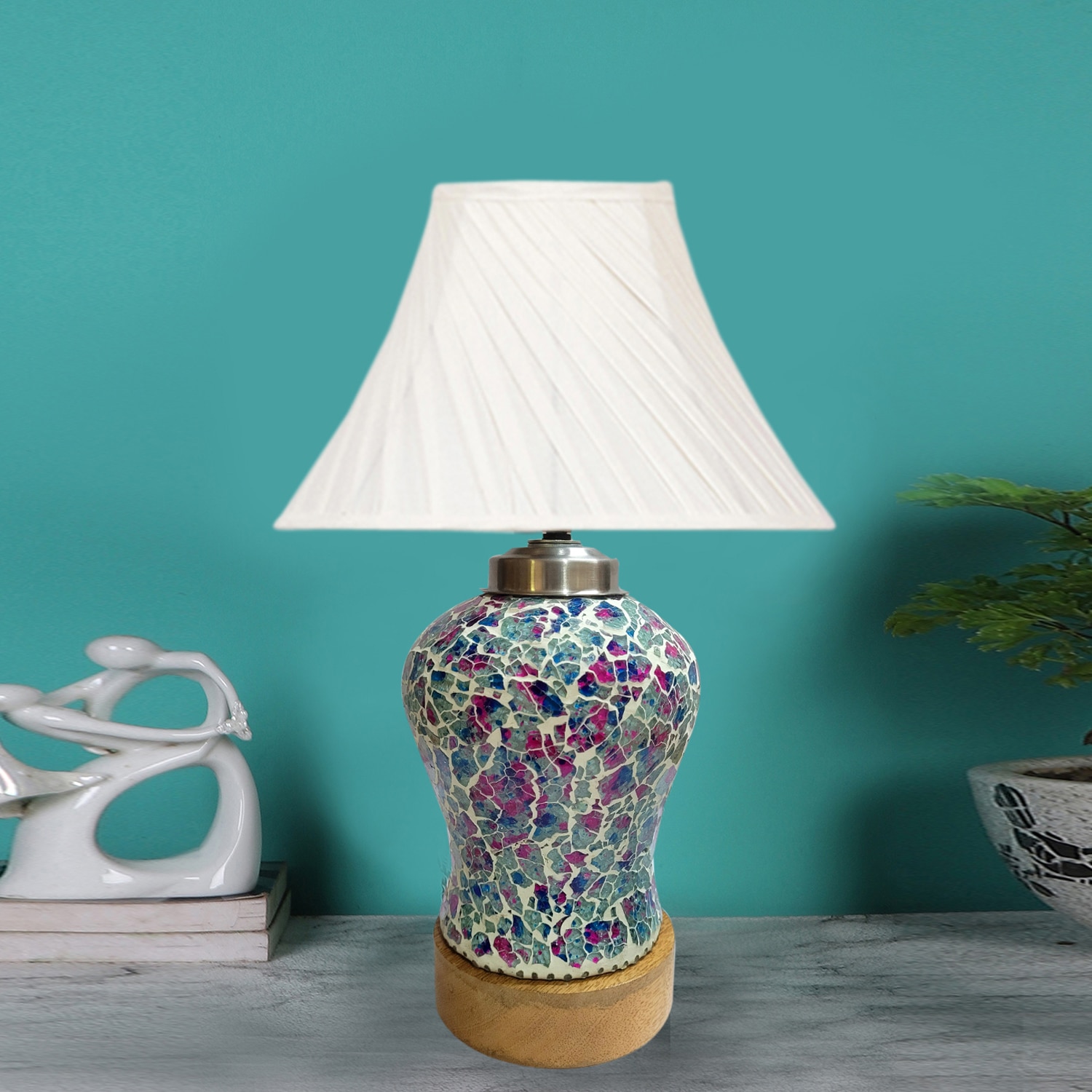 Devansh Off-White Cross Pleated Cotton  Shade  Lamp With  Wood & Mosaic Glass Base For Decoration /Office/Home/Gifting/Study For Office/Home/Gifting -(12X12X16) Inches - - Devansh
