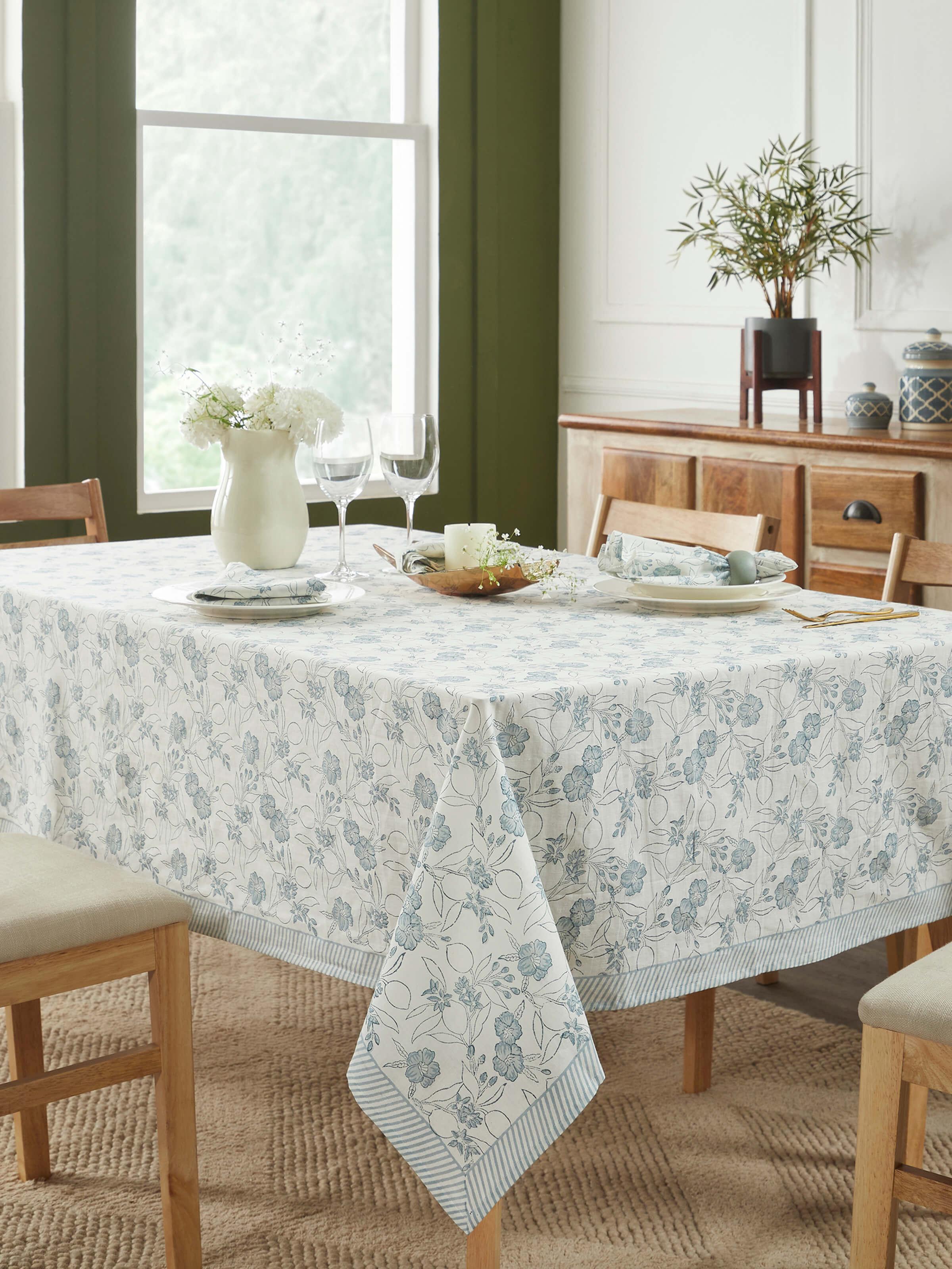 Top view displaying the full table cover spread over a six-seater table