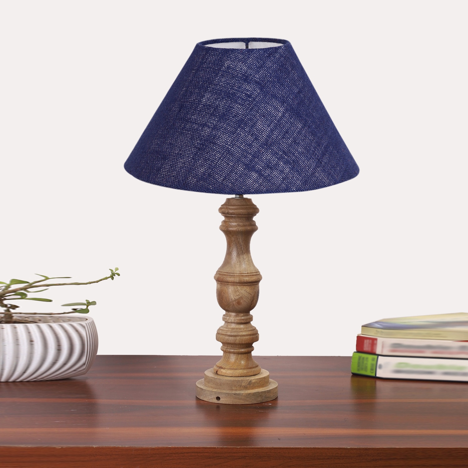 Devansh Blue Jute Table Lamp With Wood Natural Base (10X18 Inches)-37