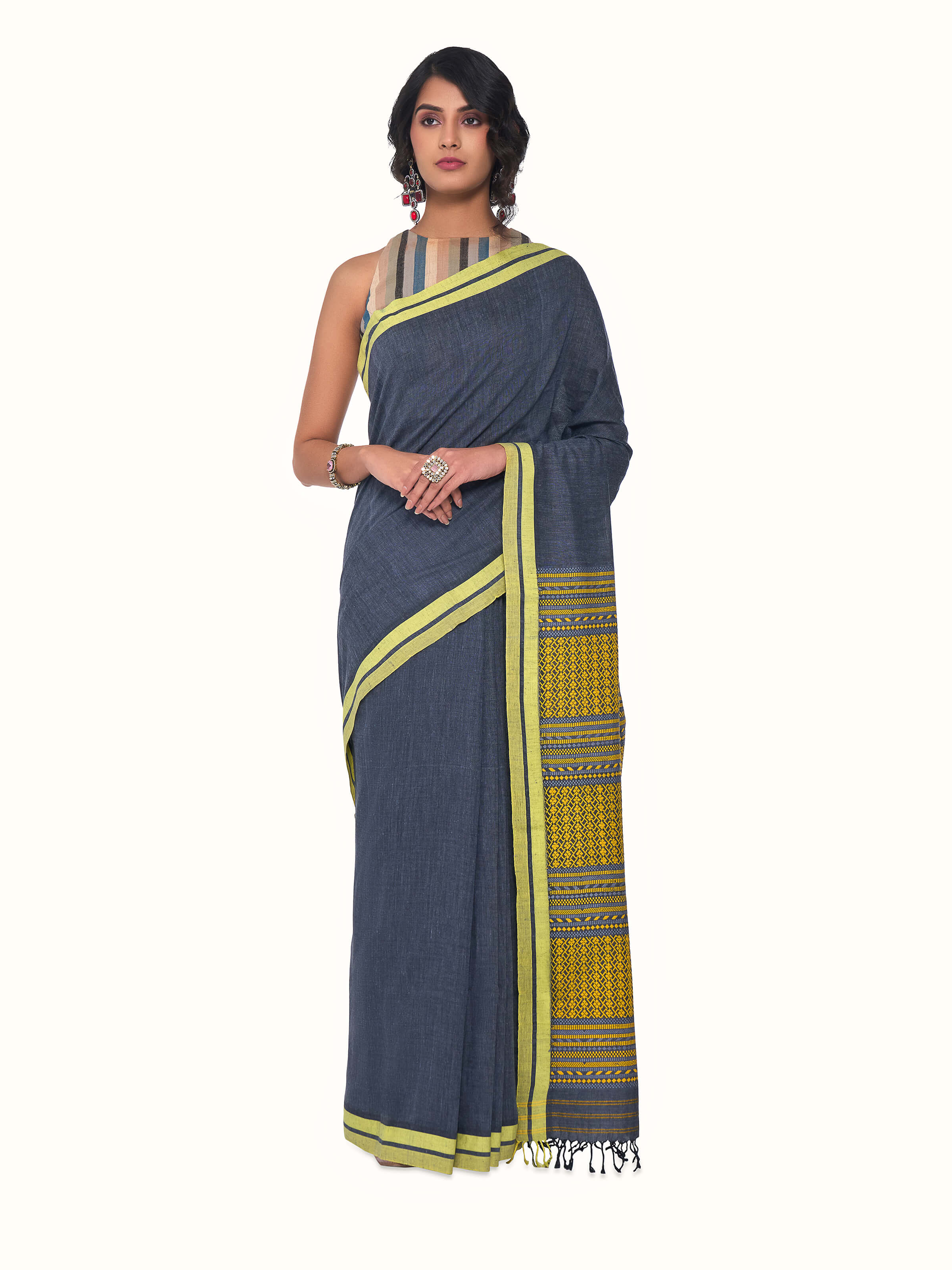 Front view of grey cotton silk saree with subtle woven patterns