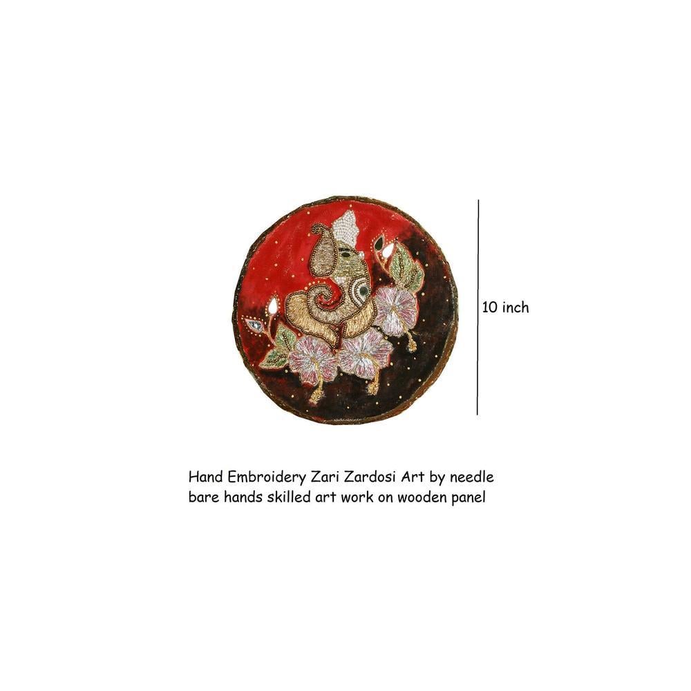 Wood & Fabric Hand embroided Ganesha Zardosi Round wall art