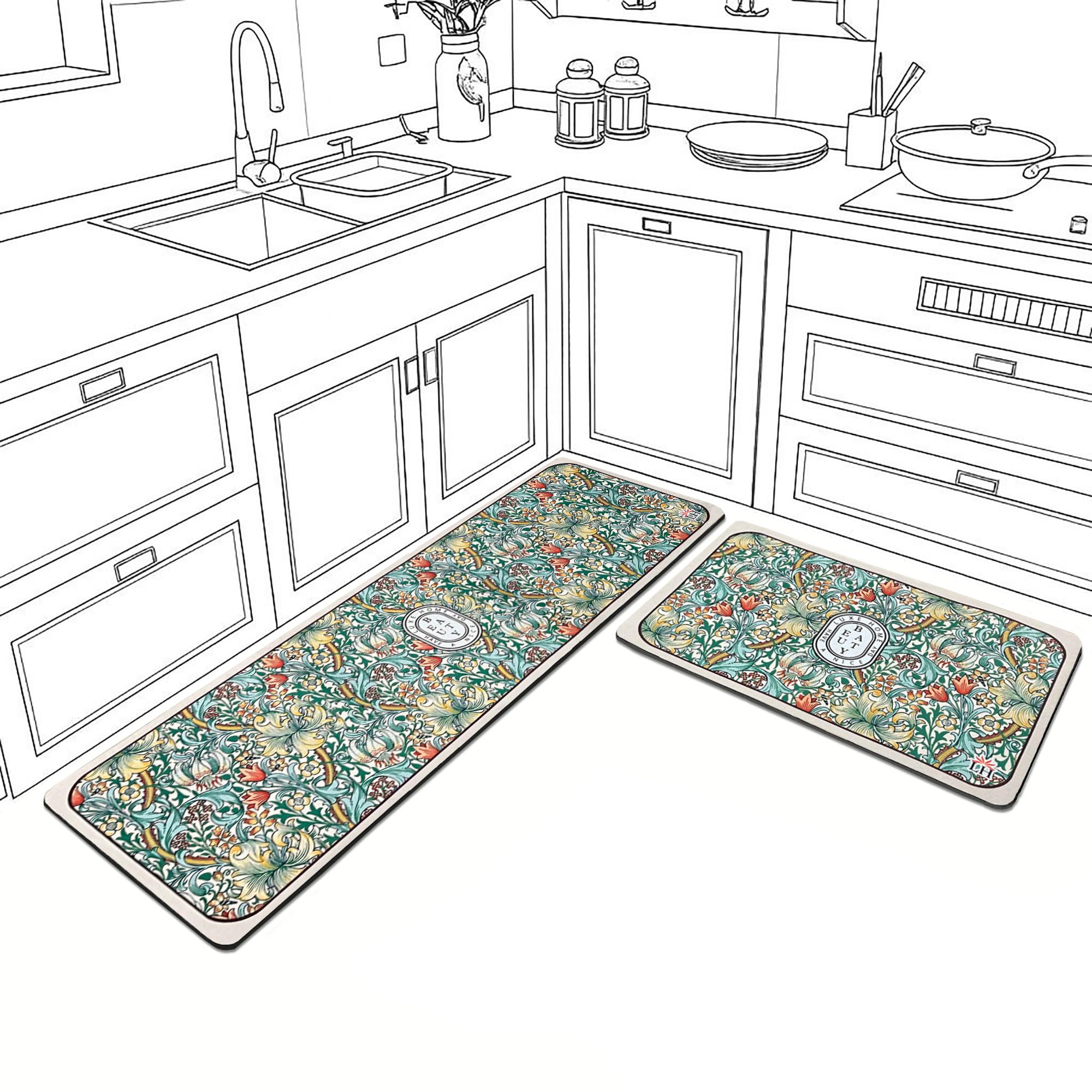 Luxe Home Floral Design Combo Kitchen Runner Mat - White (116x36 & 58x36 cm PC-2)