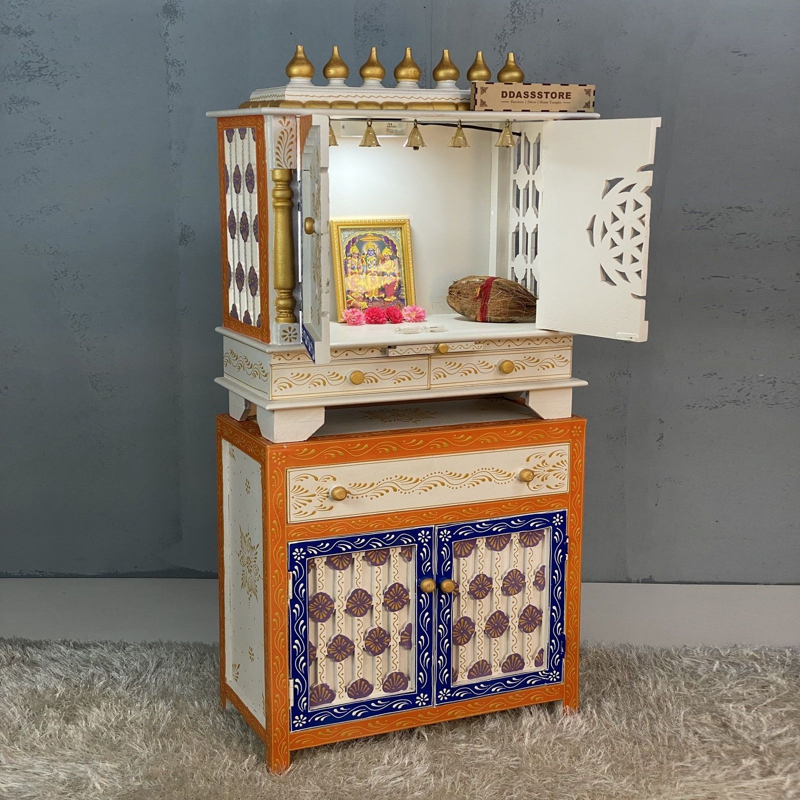 D'Dass Copper Mdf and Sheesham Wooden Temple With Cabinet For Pooja - D'DASS
