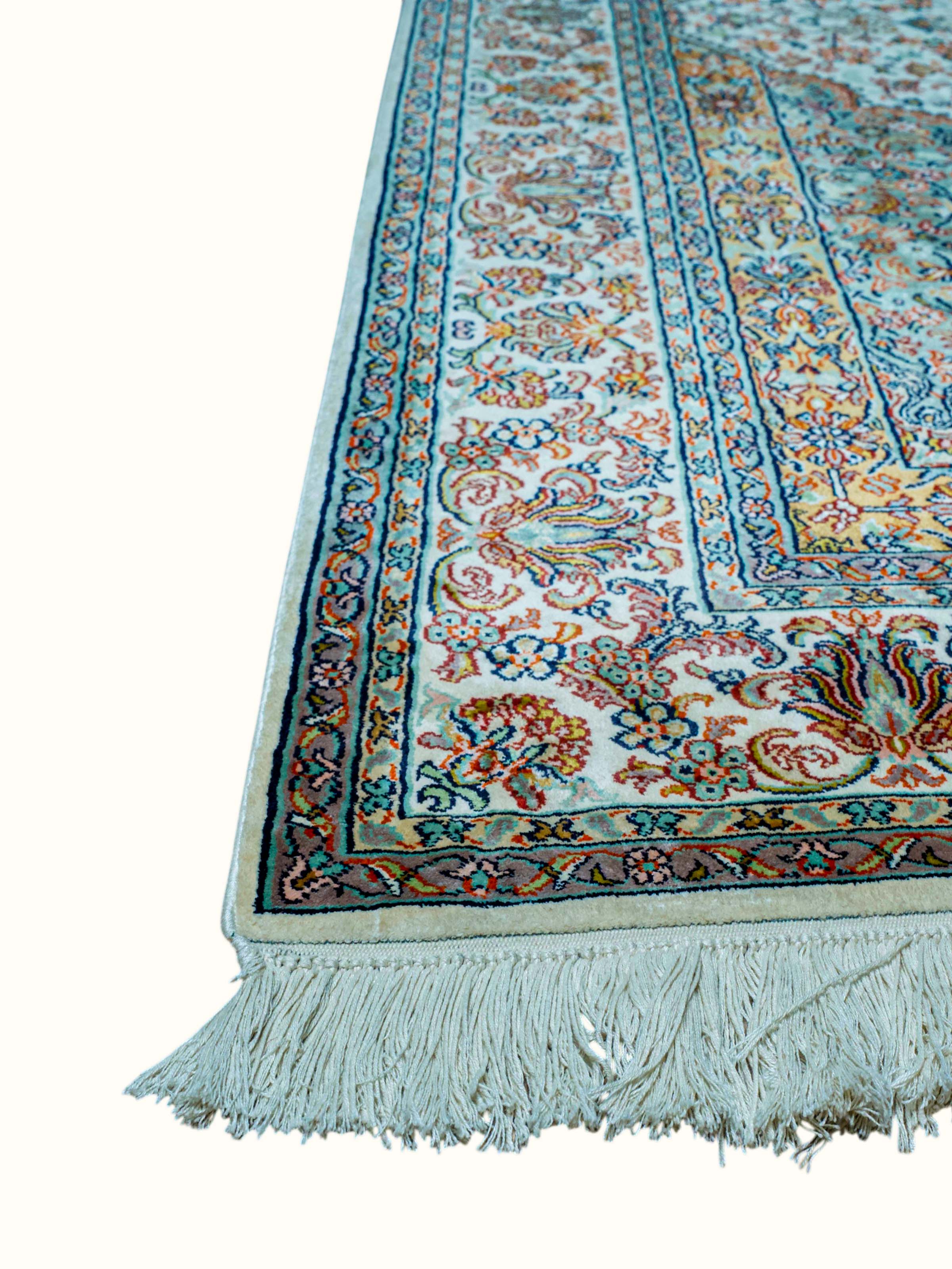 Traditional Persian Ivory Blue Kerman Kashmir Silk Hand-Knotted Carpet