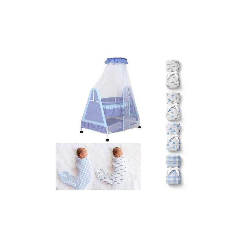 Polkamania Stainless Steel Baby Cradle with Mosquito Net Clouds &Checks