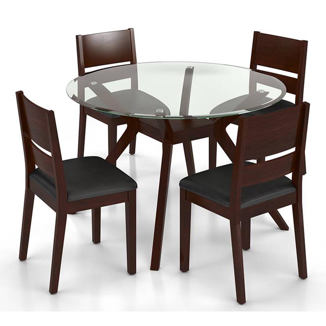 Wesley - Cabalo (Leatherette) 4 Seater Round Glass Top Dining Table Set (Colour- Black, Finish- Dark Walnut)