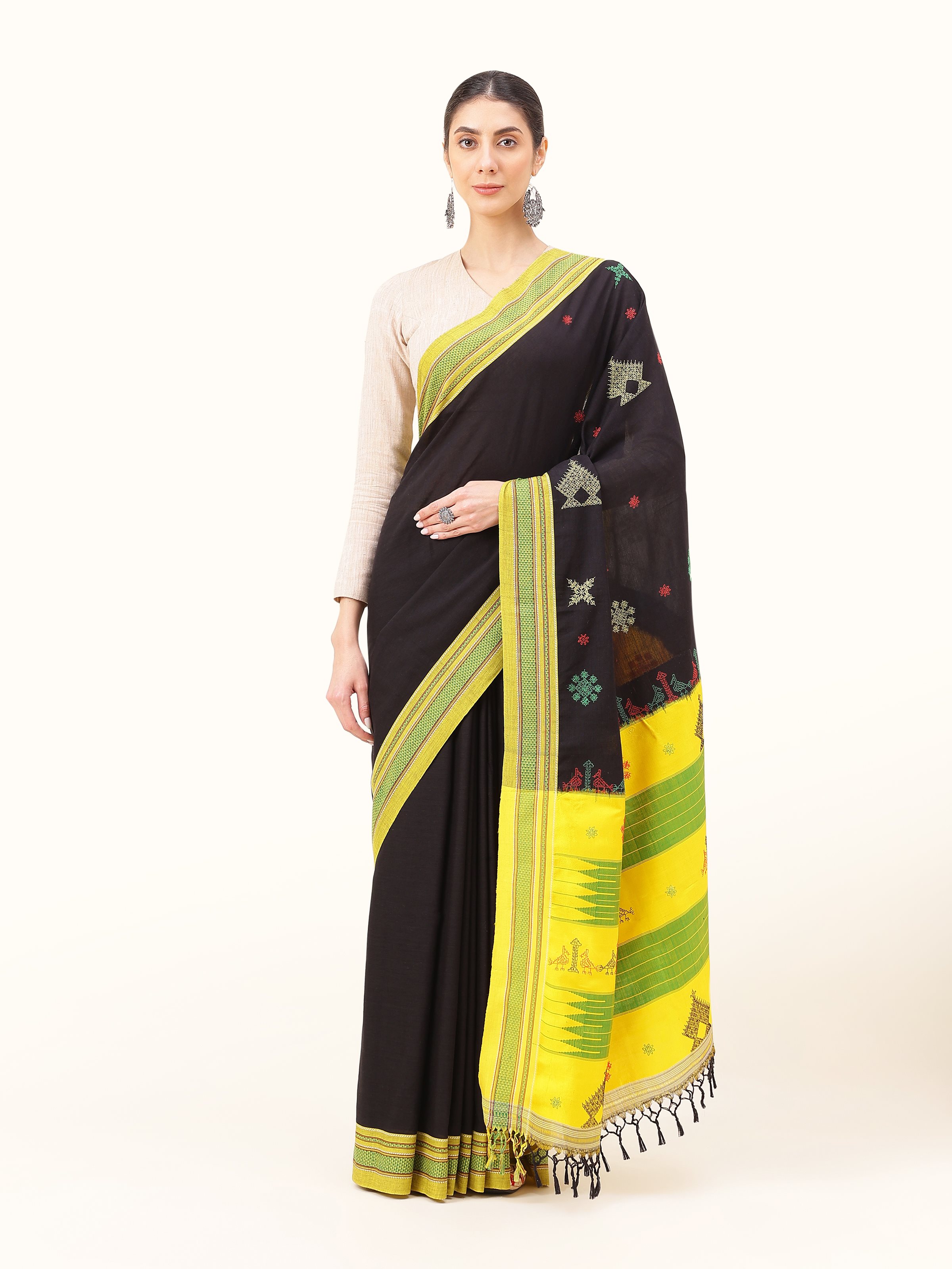 Front view of black cotton silk Kasuti embroidered saree with traditional hand embroidery
