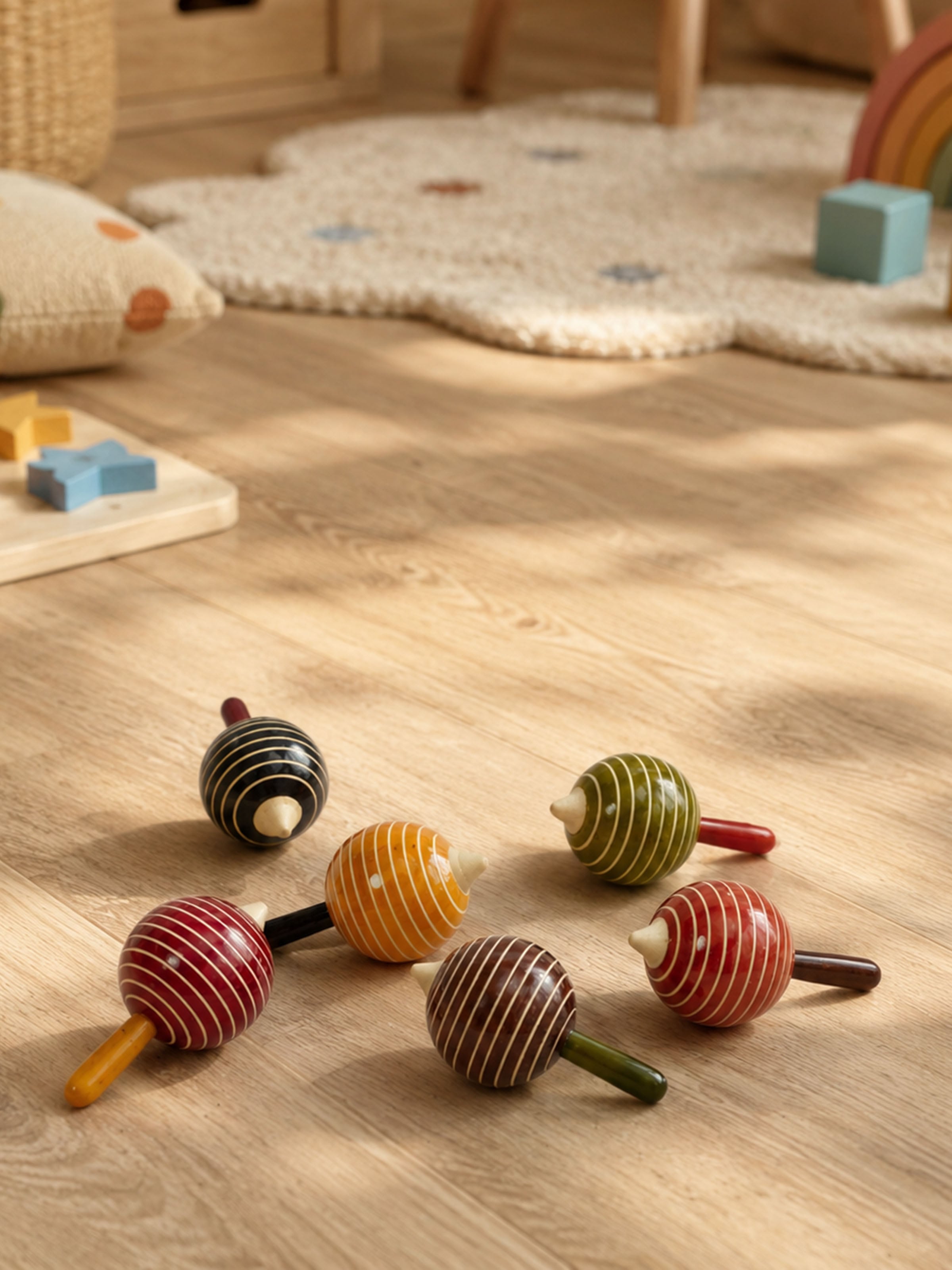 Channapatna Ivory Wood Drop Line Apple Spinning Toys (6 Pcs)