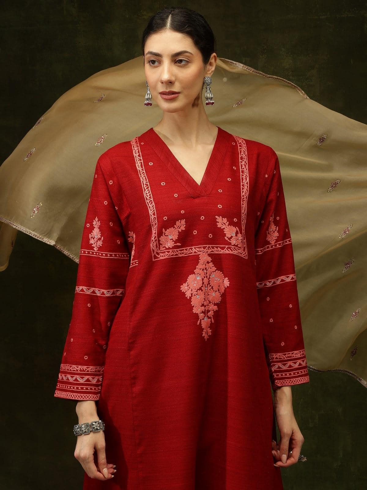 Maroon Silk Crewel Embroidered Kurta