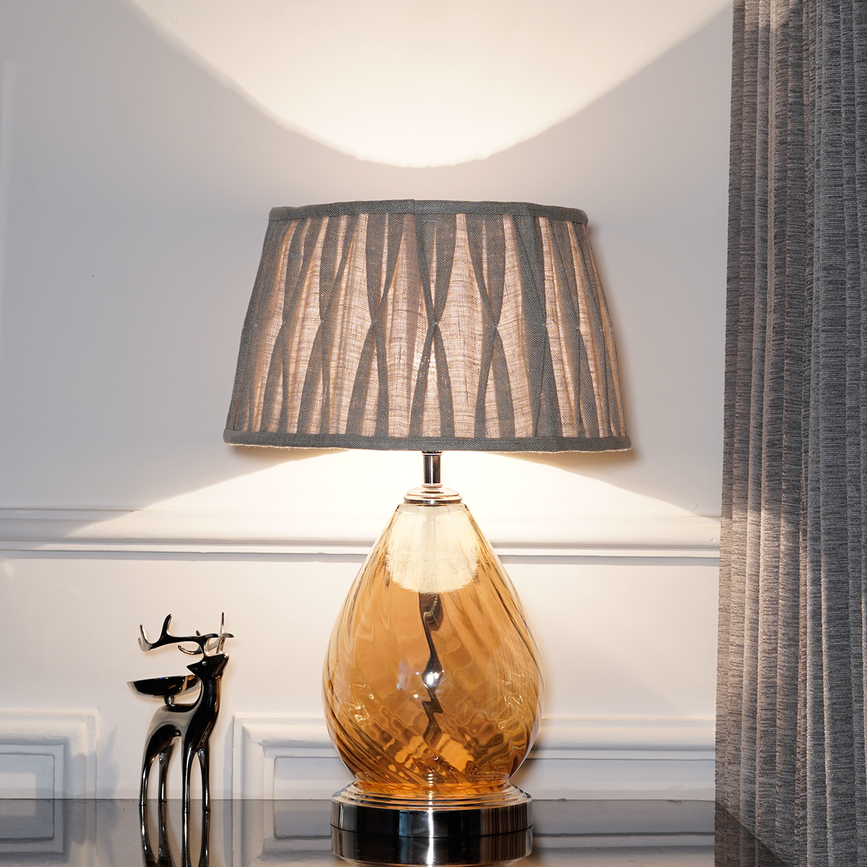 Decade Glass and Metal Table Lamp With Natural Linen Shade