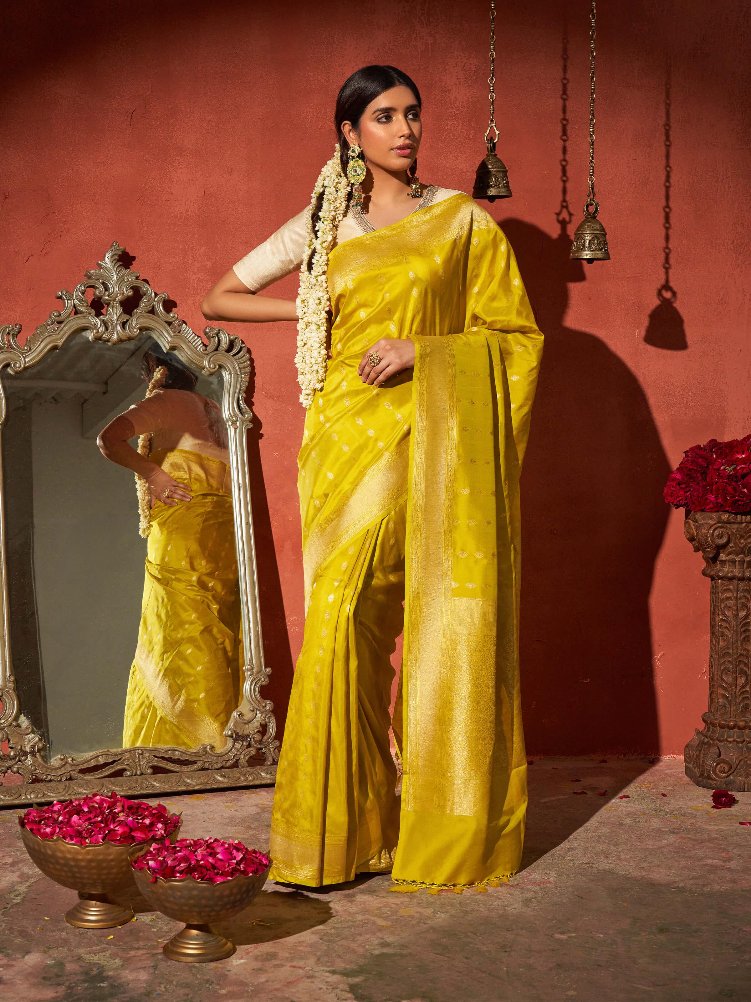 Yellow Mulberry Katan Silk Banarasi Saree