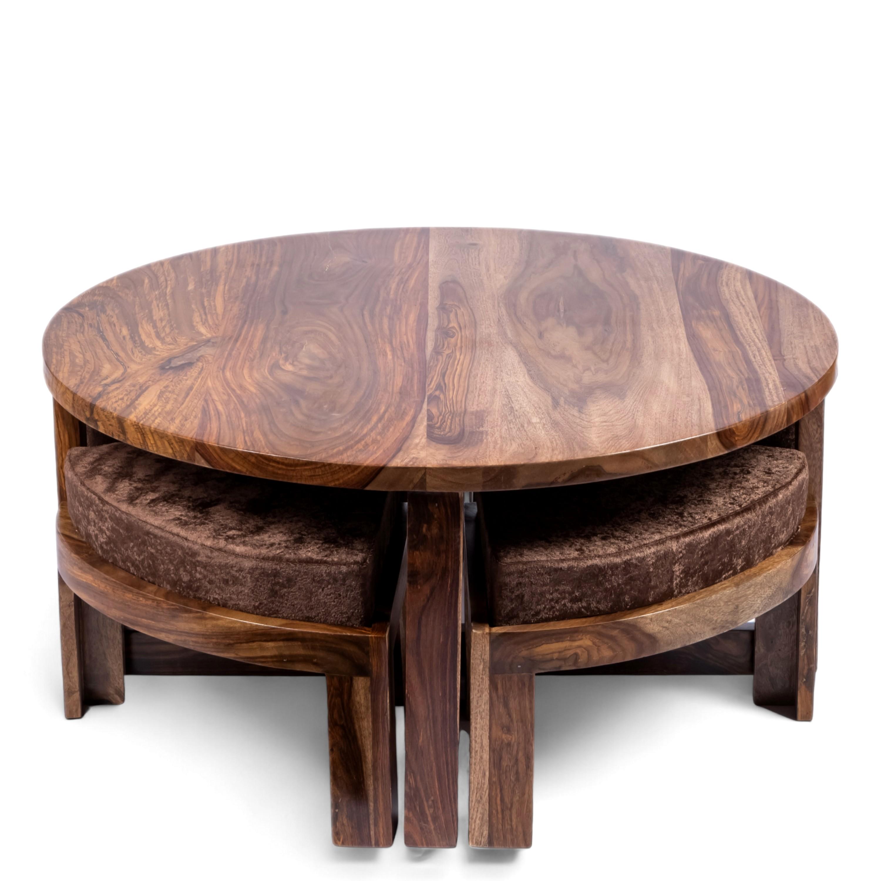 Nashville Sheesham Wood 4 Seater Coffee Table Set In Teak Finish Brown Sparkle Velvet Cushion