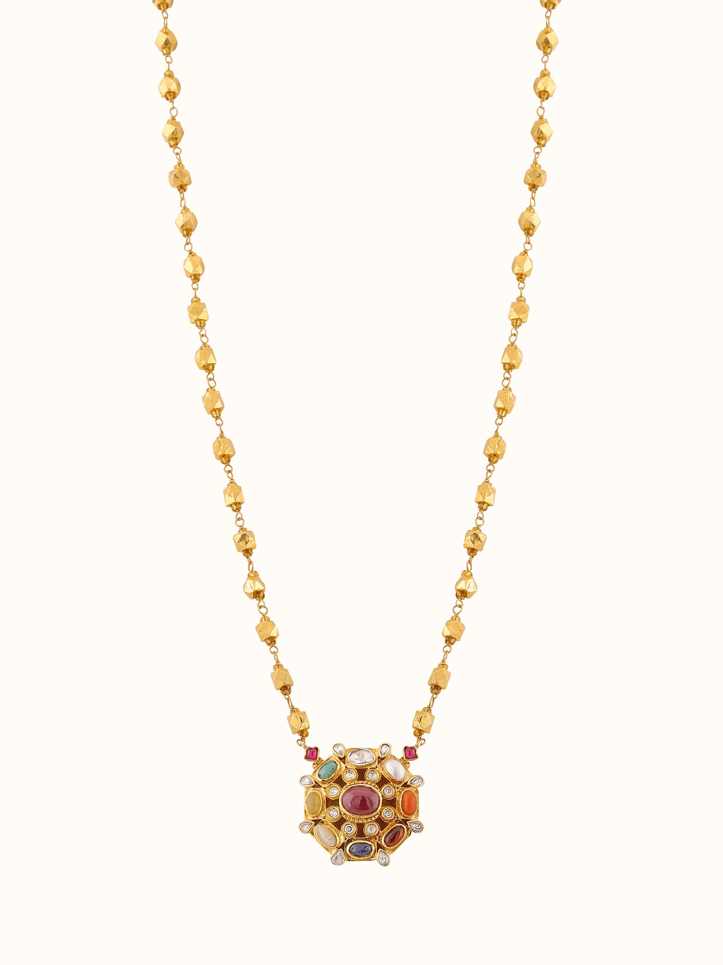 Front view of Navratna silver pendant & chain featuring multicolour gemstones in floral setting