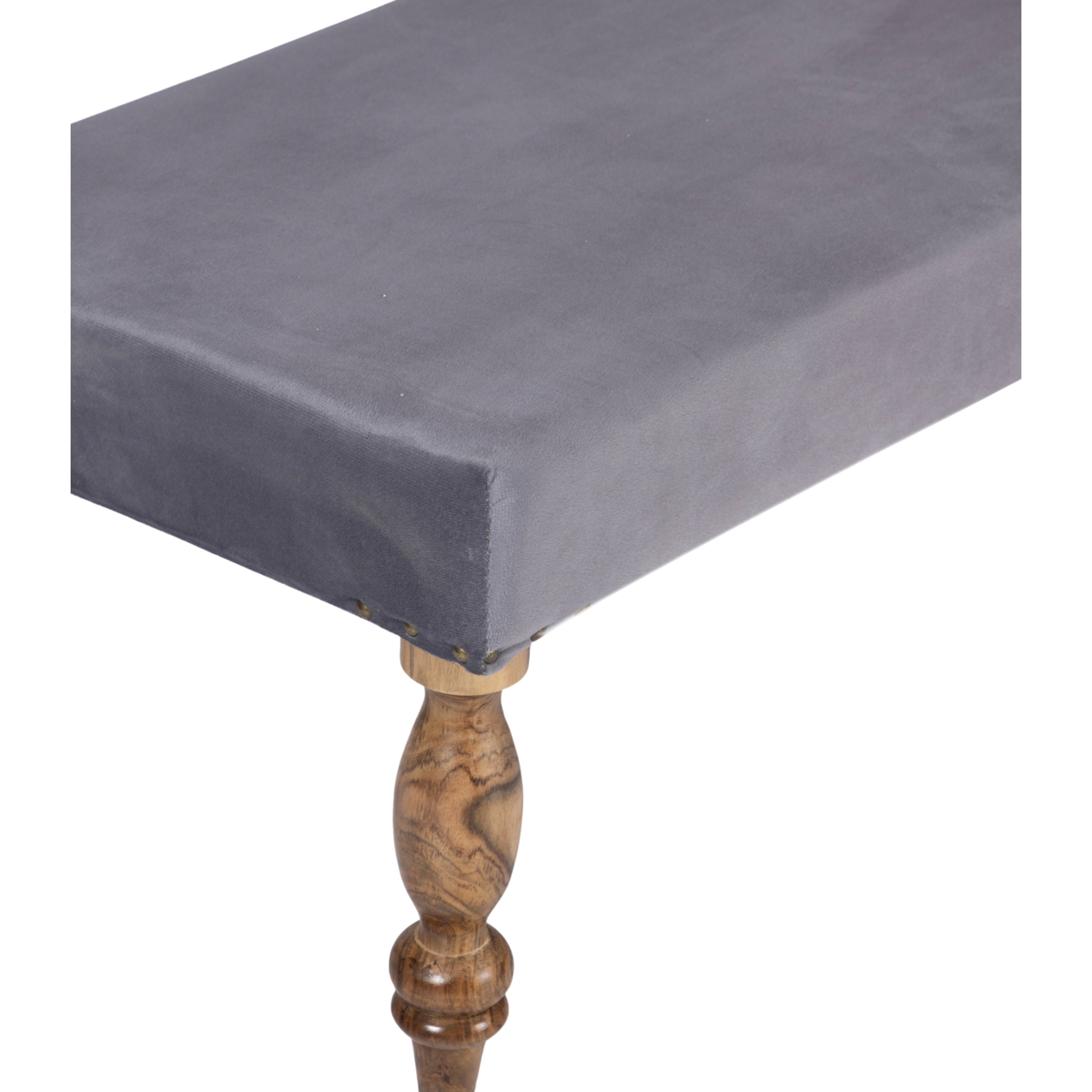Cairo Sheesham Wood Accent 3 Seater Bench In Iron Grey Velvet