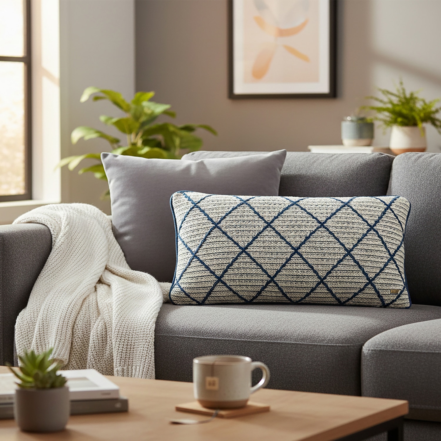 Arabella Blue  And Natural Cotton Knitted Cushion Cover 30X50 Cm - Pluchi