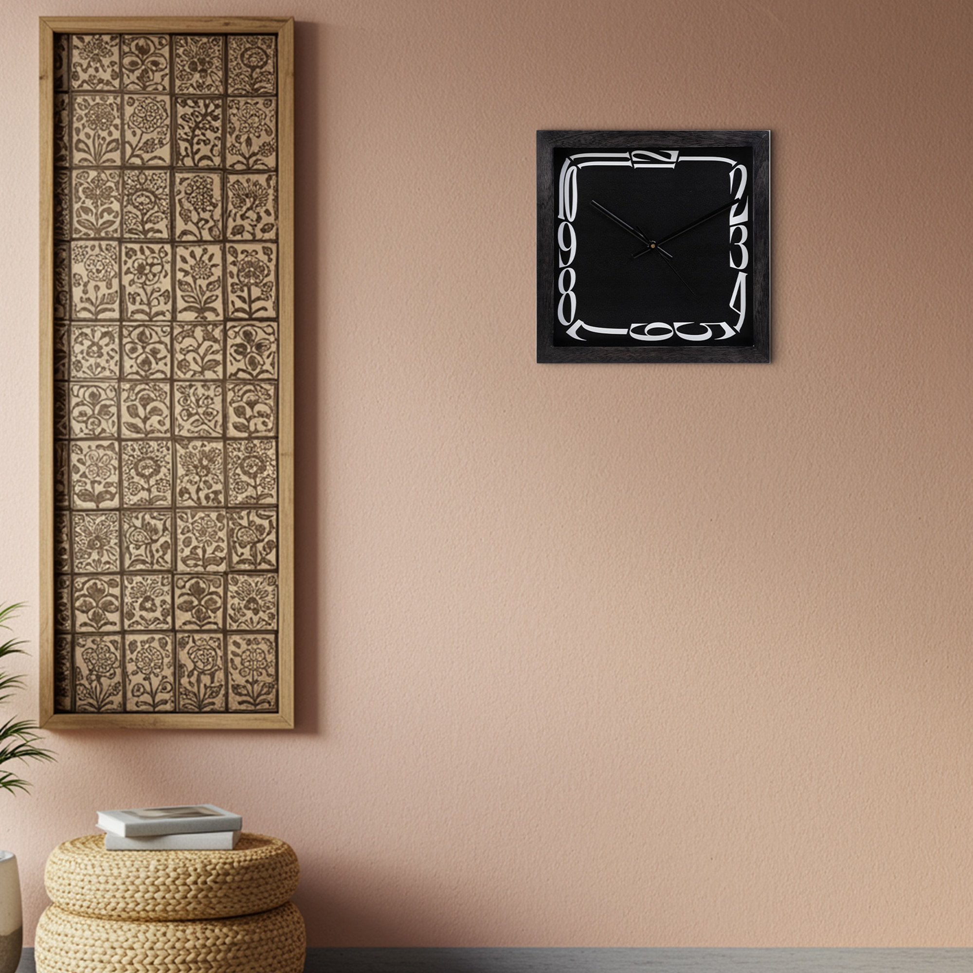 Playful Overlapping Numerals Square Black Wooden Wall Clock