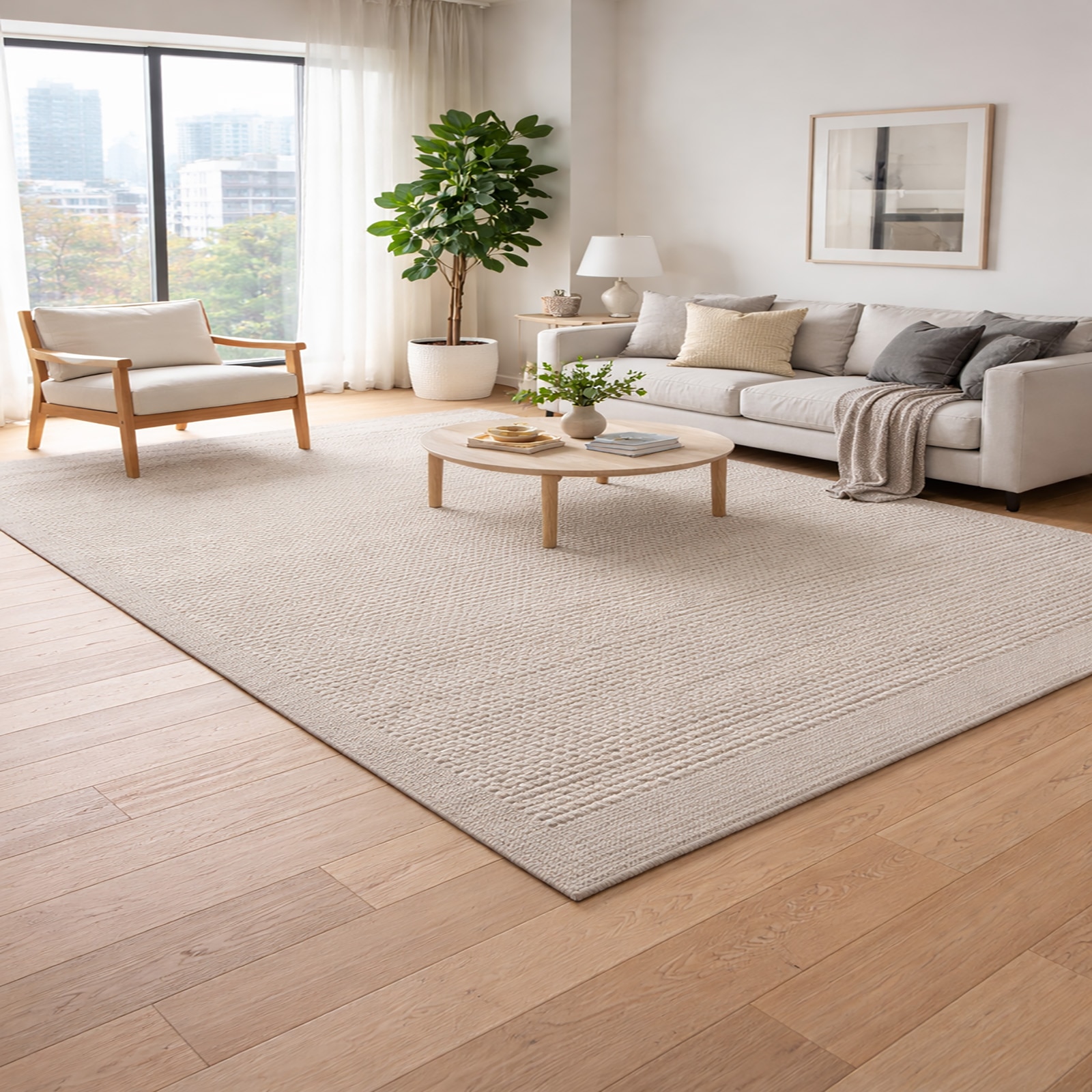 Linen Pebble Wool Rectangle Carpets Hand Knotted in Beige Colour