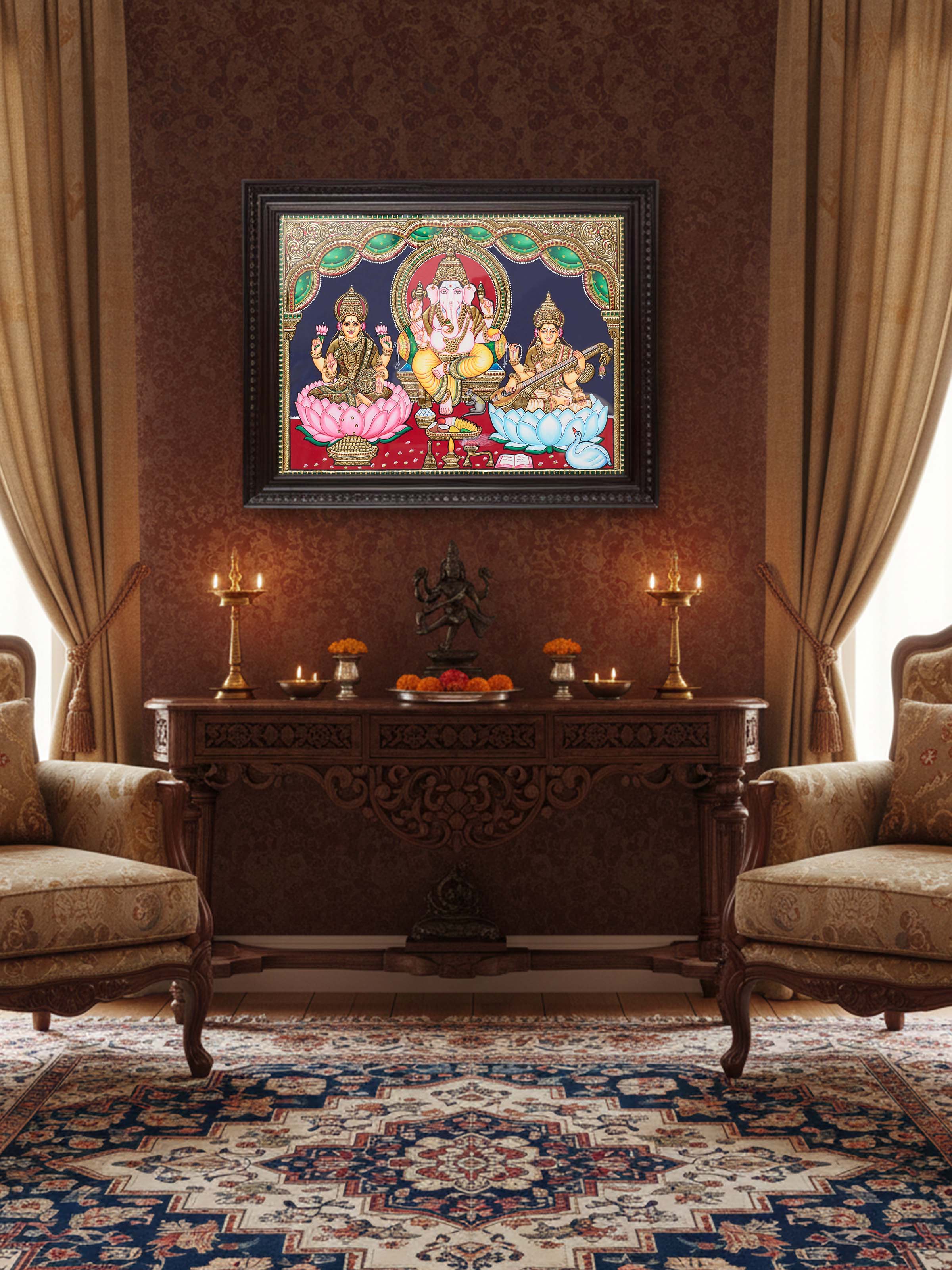 Lakshmi Ganesh Saraswathi Thanjavur Painting