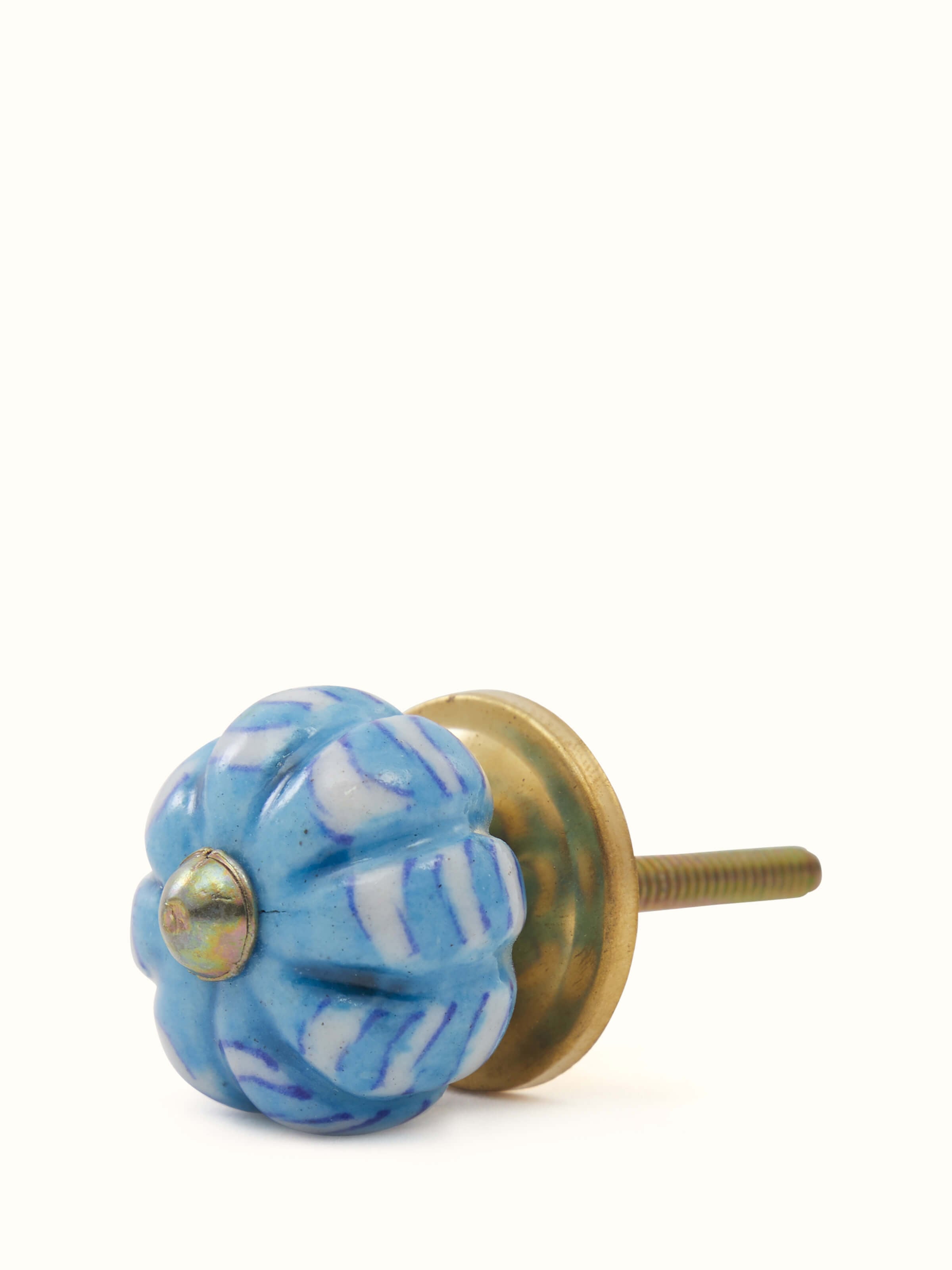 Angled view of Blue Pottery Round Rib Door Knob Set