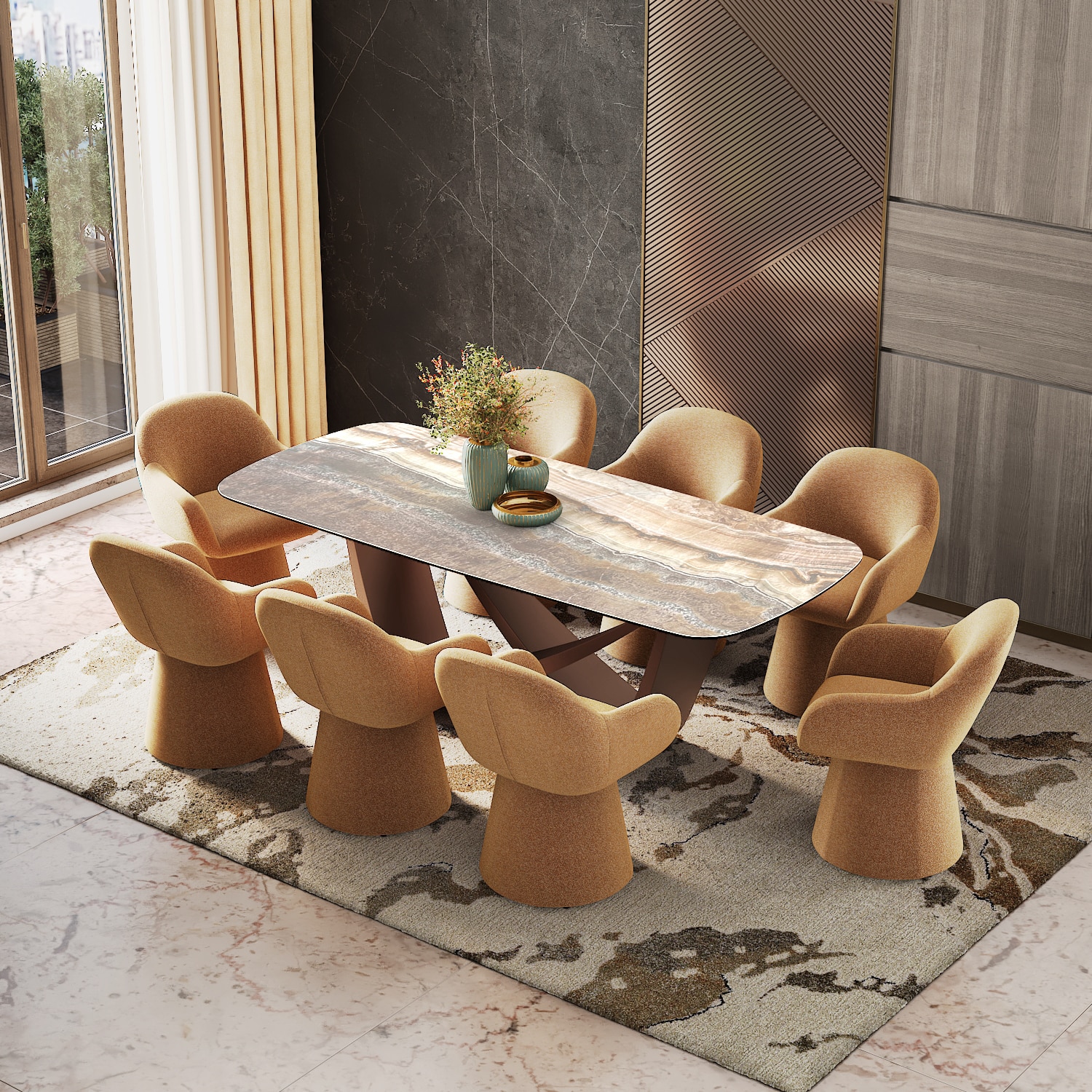 Paloma 8 Seater Jupiter Spanish Ceramic Dining Table With 8 Selene Chairs (Finish : Jupiter Spanish Ceramic, Chair Colour : Mustard)