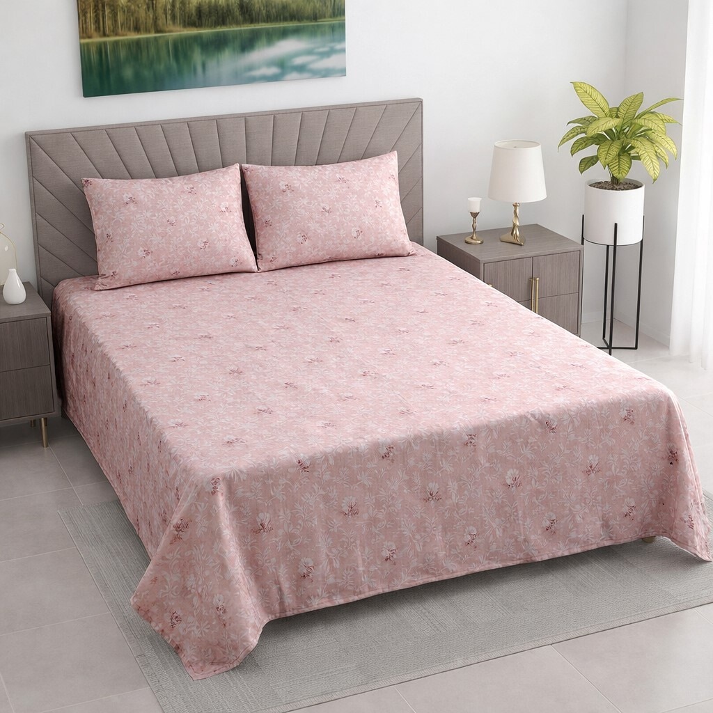 Xian Pink Floral 400 TC Cotton Flat Queen Size Bedsheet with 2 Pillow Covers – Threads - Threads