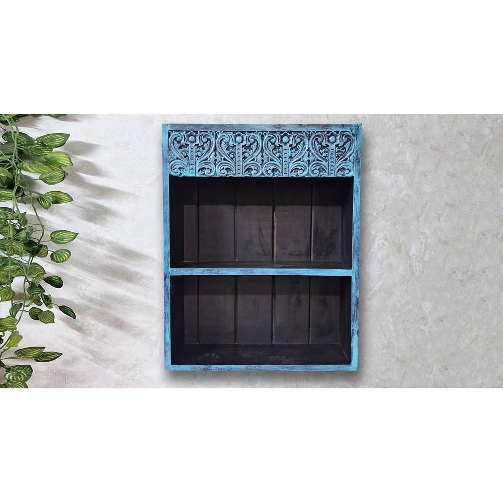 Azov Teal Colour Solid Wood Handcarved Box Style Floating Wall Shelf with compartment