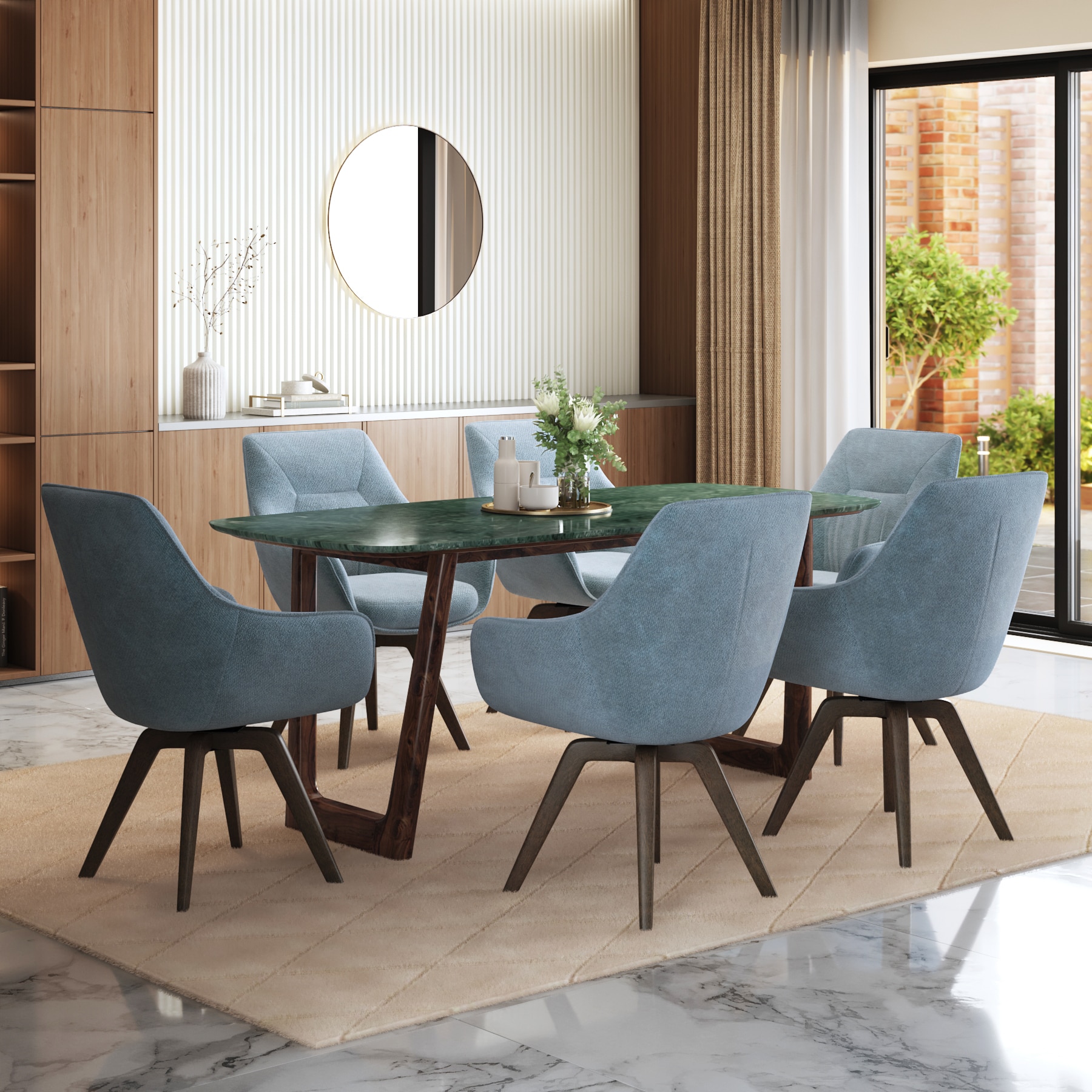 Adria Copa Cabana Black Stone 6 Seater Dinning Table With 6  Wella Dining Chairs (Finish : Jade Green, Chair Colour : Blue)