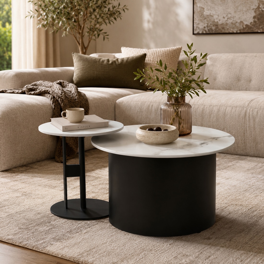 Metalwork Round Metal Nesting Coffee Table Set Black Finish White Porcelain Top Set Of 2 - Bhavya Exports